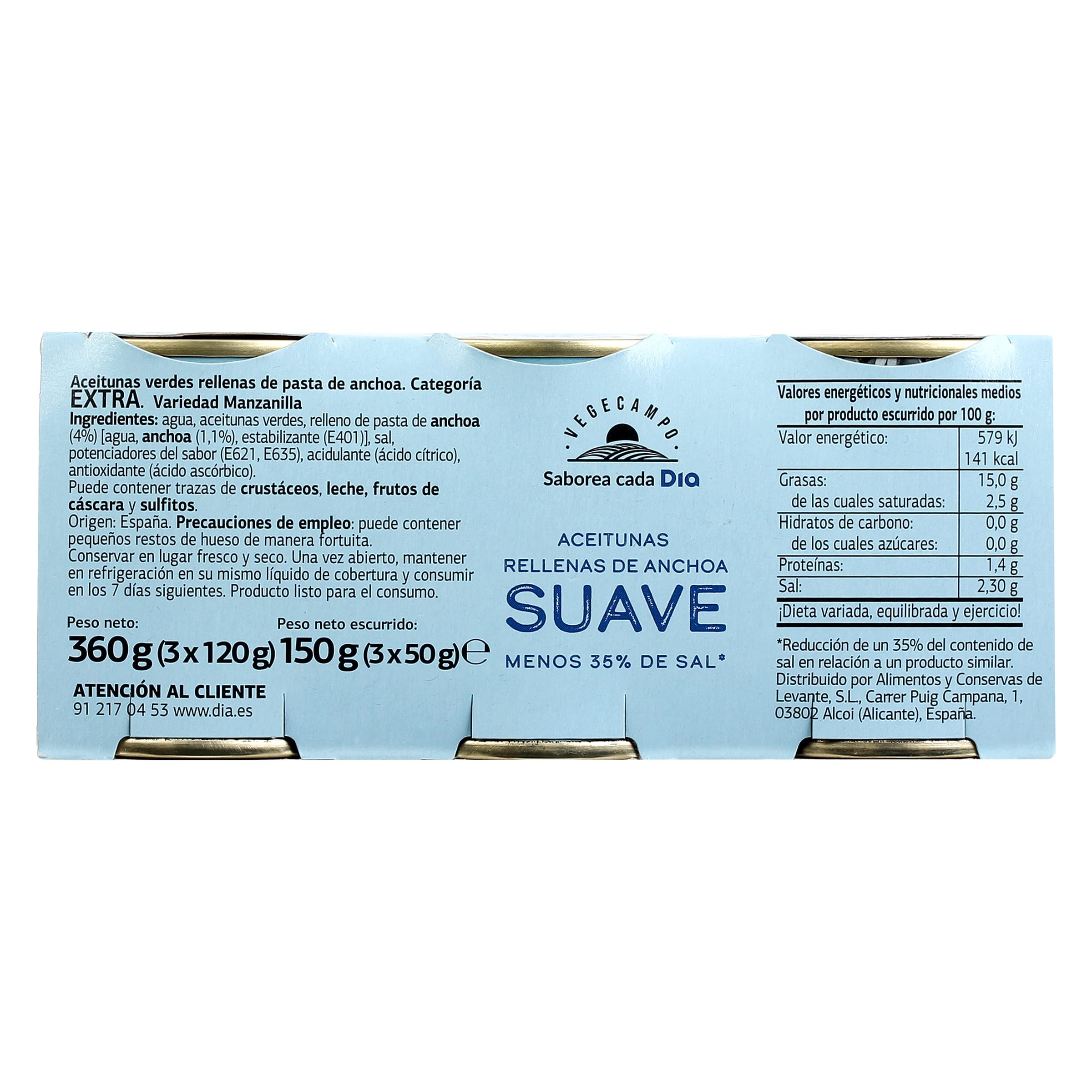 Aceitunas rellenas de anchoa suave Dia Vegecampo 3 x 50 g