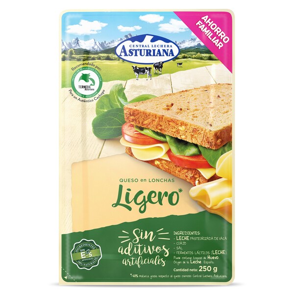 Queso Ligero en Lonchas Asturiana Envase 250 Gr.