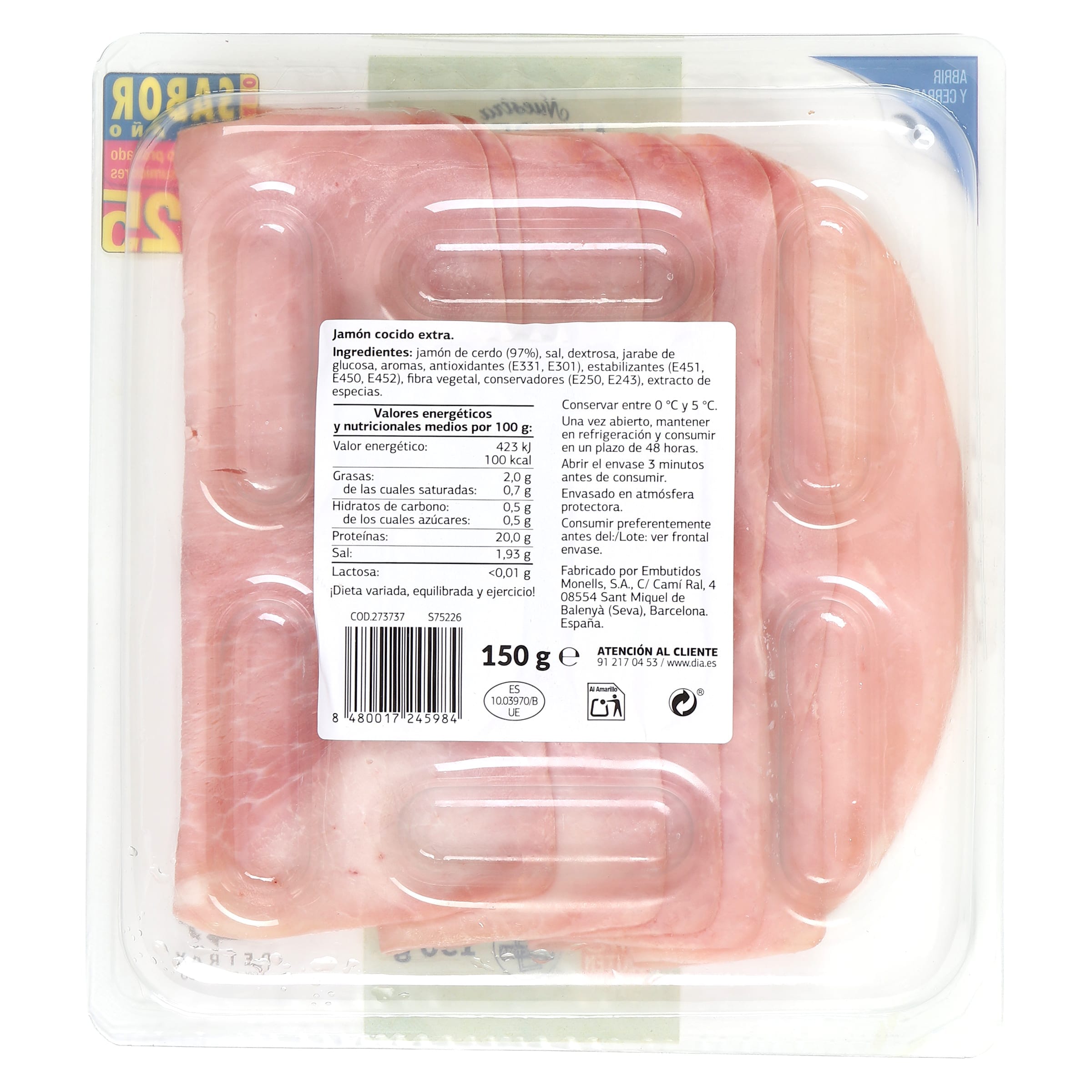 Jamón cocido extra 97% Dia Nuestra Alacena 150 g