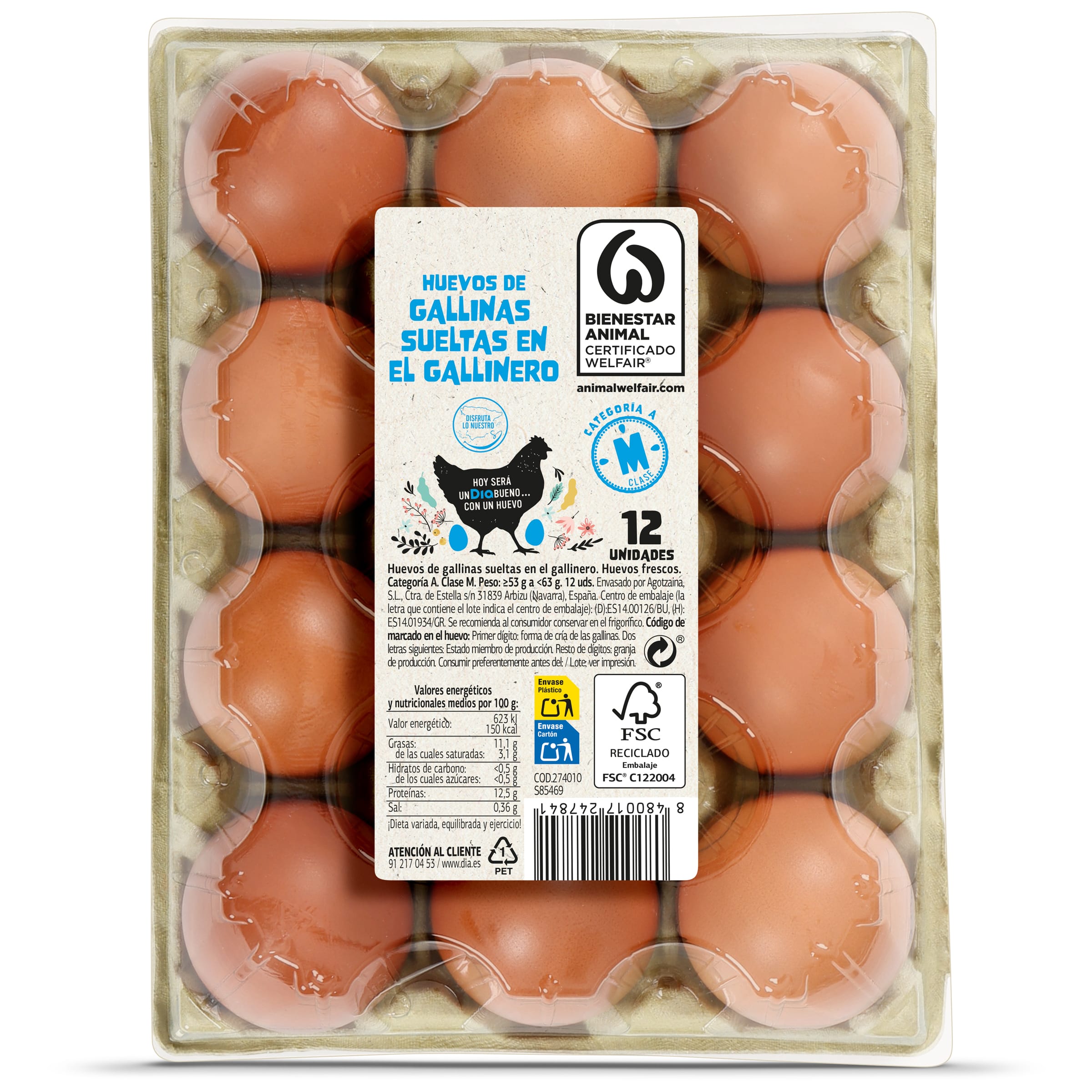 Huevos medianos M de gallinas criadas en suelo Dia 12 unidades