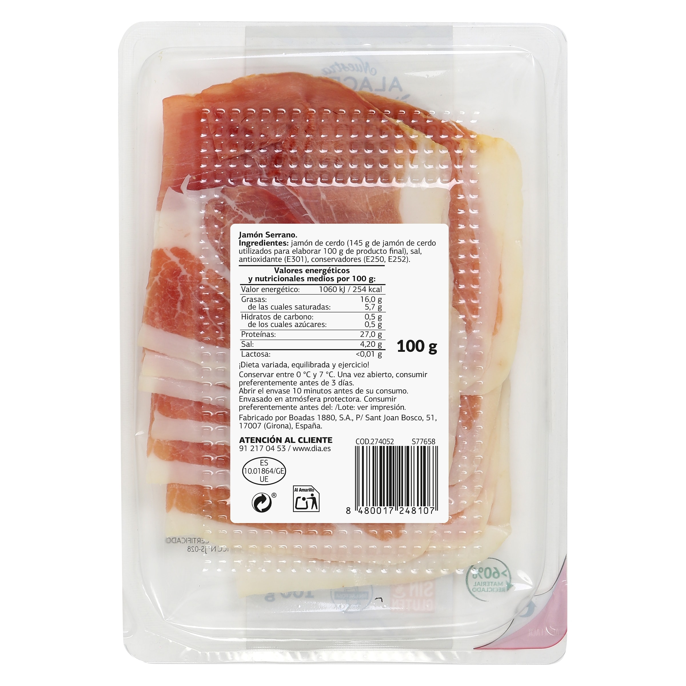 Jamón serrano medias lonchas Dia Nuestra Alacena 100 g