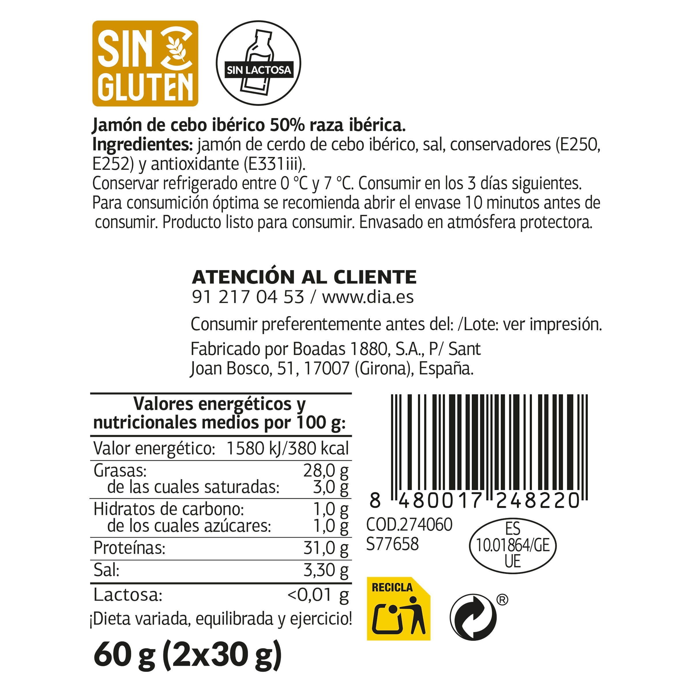 Pizcas de jamón de cebo 50 % raza ibérica Dia Nuestra Alacena 60 g