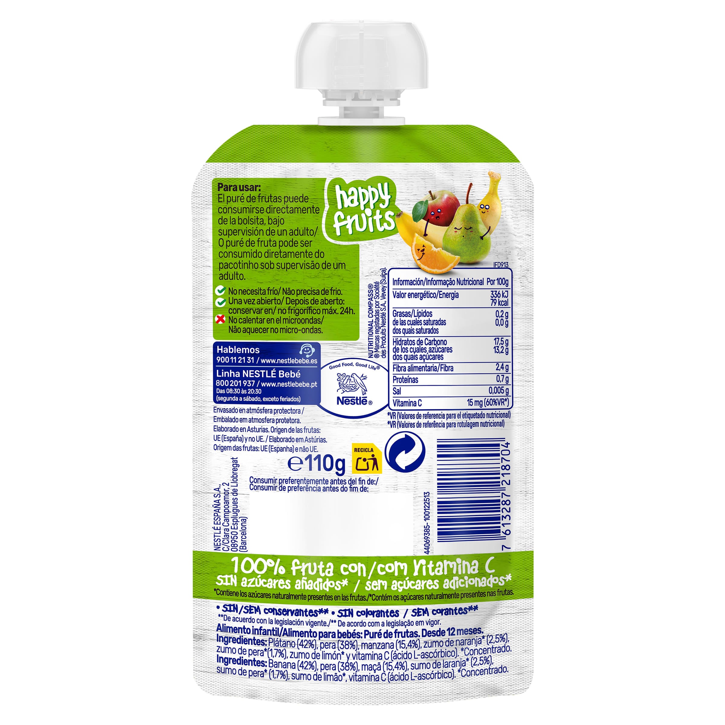 Alimento infantil con puré de 4 frutas happy fruits Nestlé 110 g