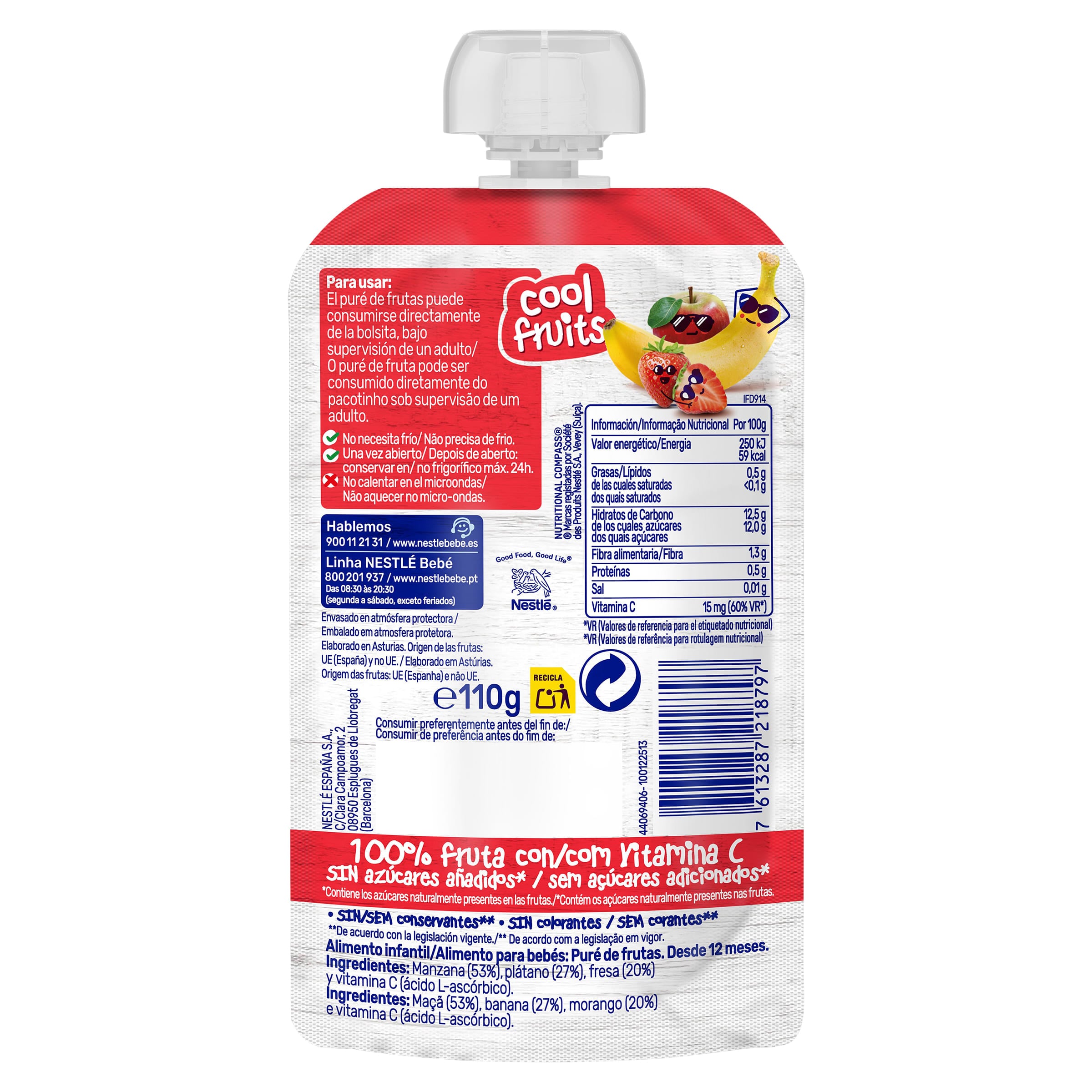 Alimento infantil con puré de plátano y fresa cool fruits Nestlé 110 g