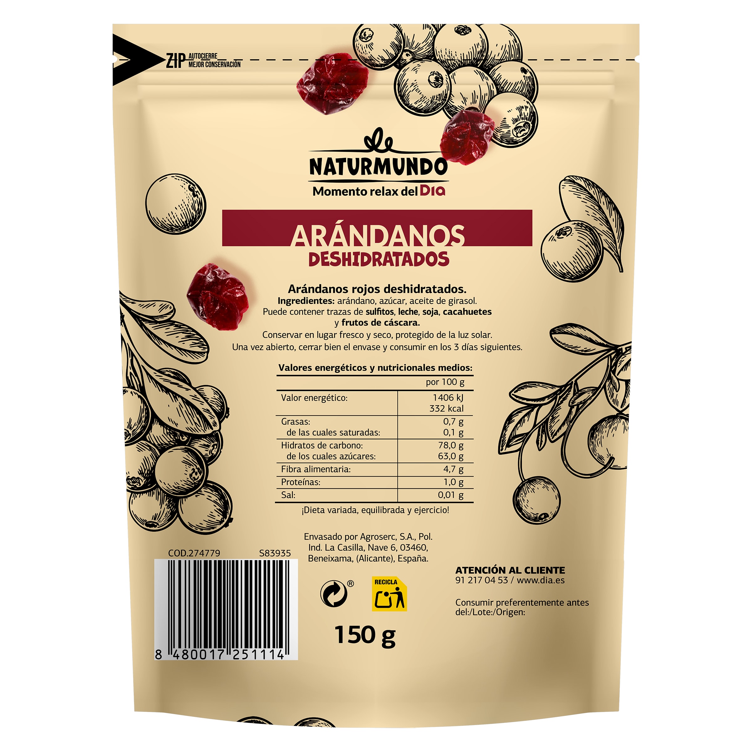 Arándanos rojos deshidratados Dia Naturmundo 150 g
