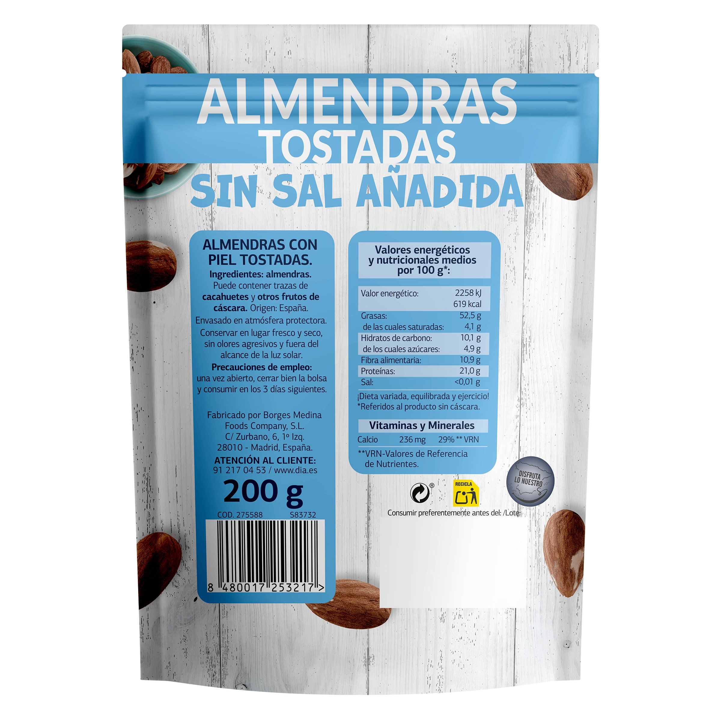 Almendras tostadas con piel sin sal Dia Naturmundo 200 g