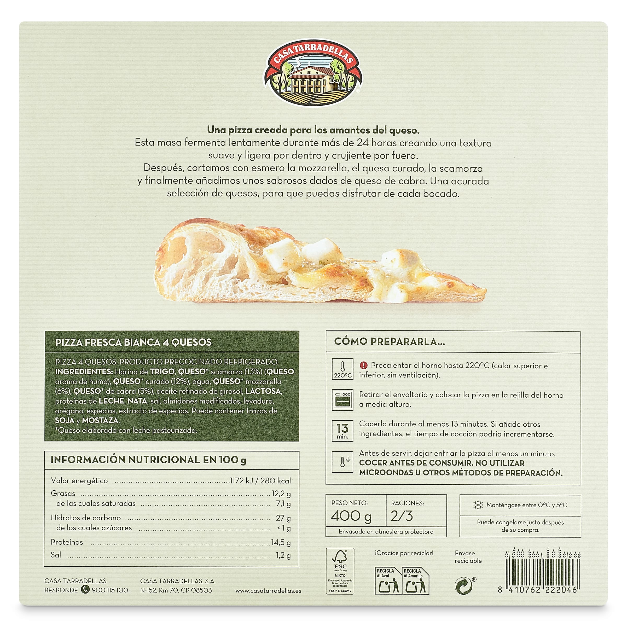 Pizza artesana bianca 4 quesos Casa Tarradellas 400 g