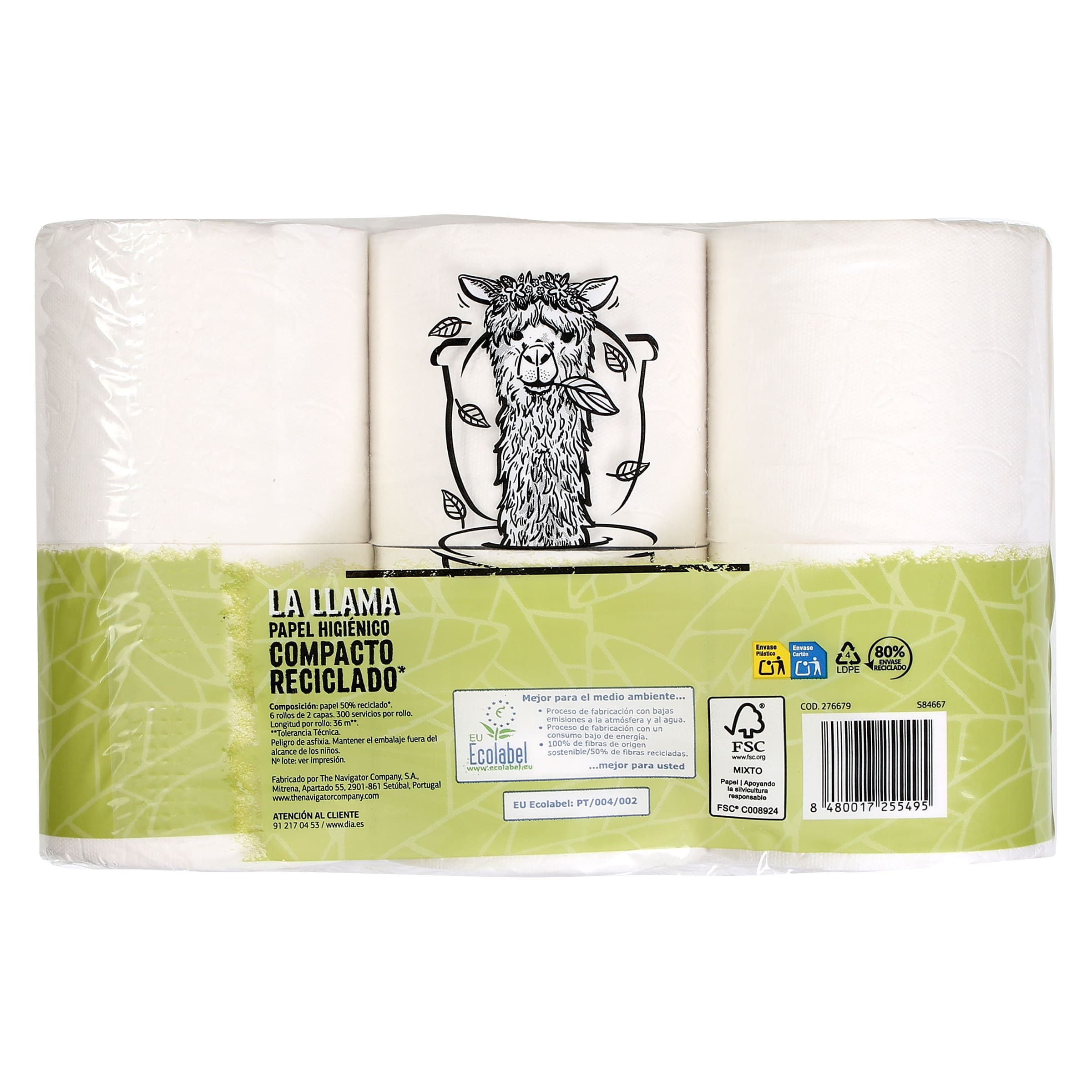 Papel higiénico reciclado doble rollo Dia La Llama 6 unidades
