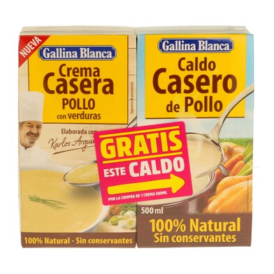 Crema de pollo con verduras + caldo de pollo gallina Gallina Blanca brik 2 x 1 l-0 Crema de pollo con verduras + caldo de pollo gallina Gallina Blanca brik 2 x 1 l-0