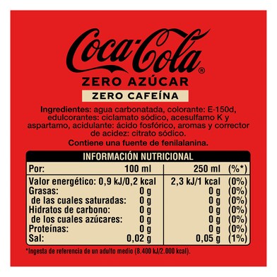 Refresco de cola zero azúcar zero cafeína Coca-Cola botella 1.25 l-1 Refresco de cola zero azúcar zero cafeína Coca-Cola botella 1.25 l-1