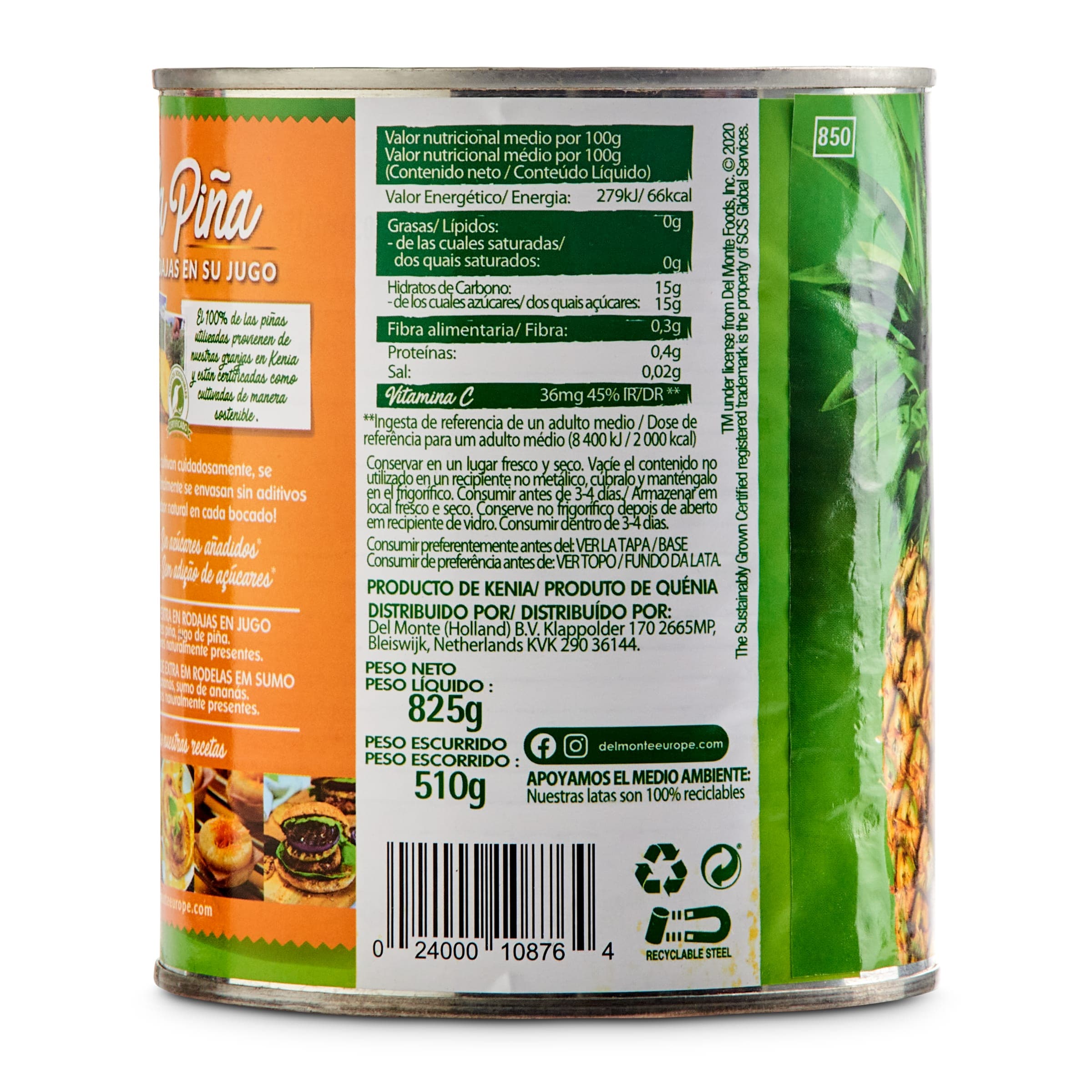 Piña en su jugo en rodajas Del monte 510 g