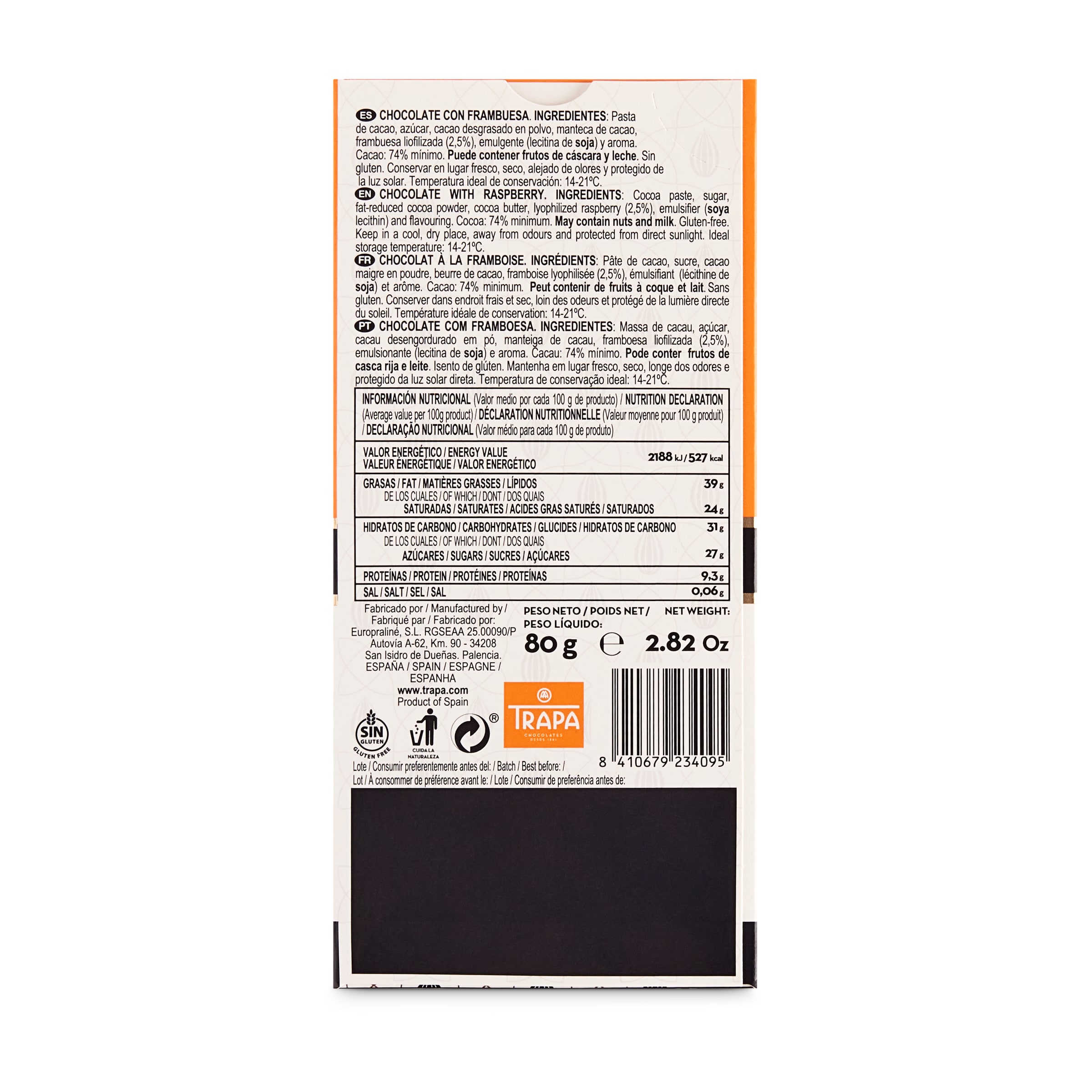 Chocolate 74% cacao con frambuesa Trapa 80 g