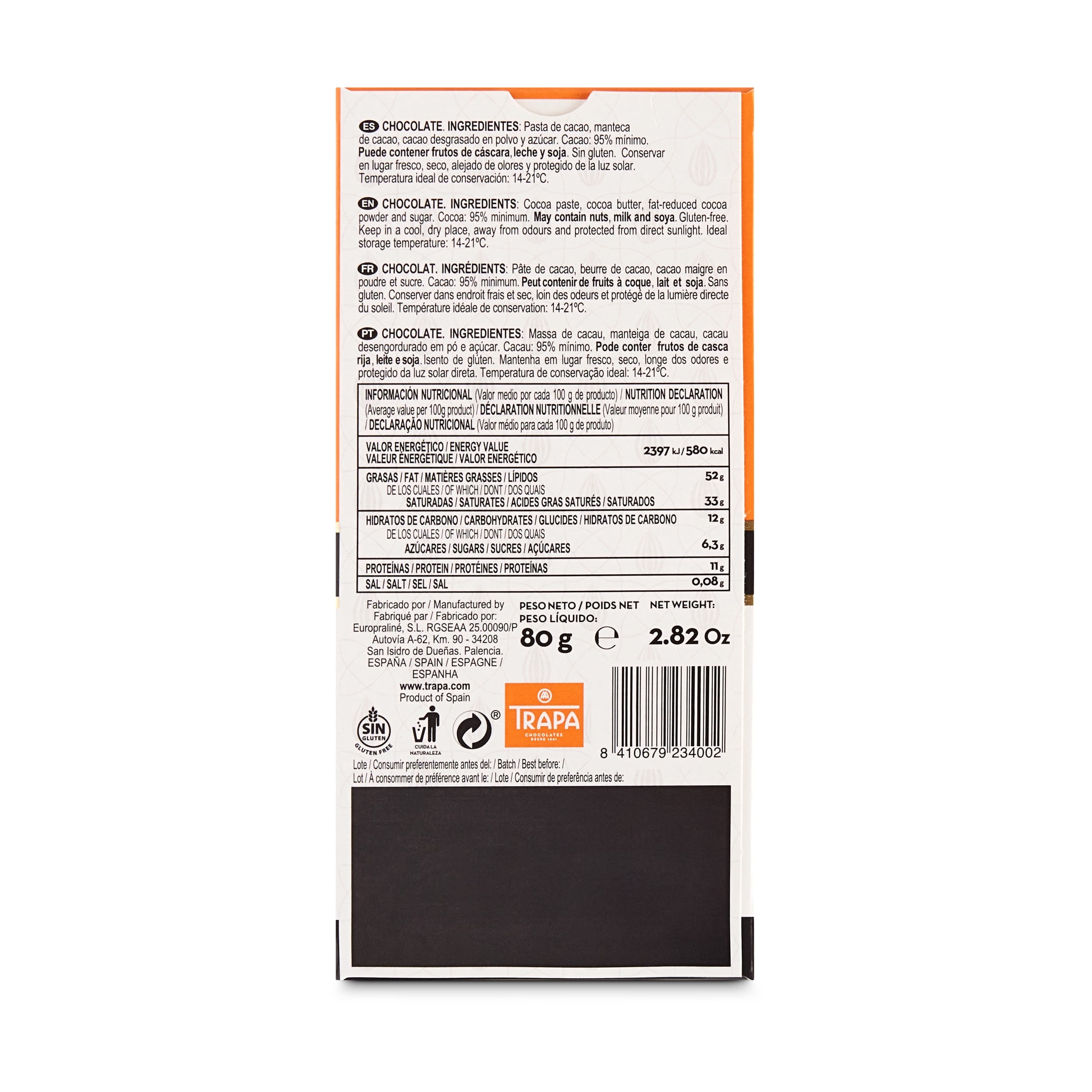 Chocolate negro 95% cacao Trapa 80 g