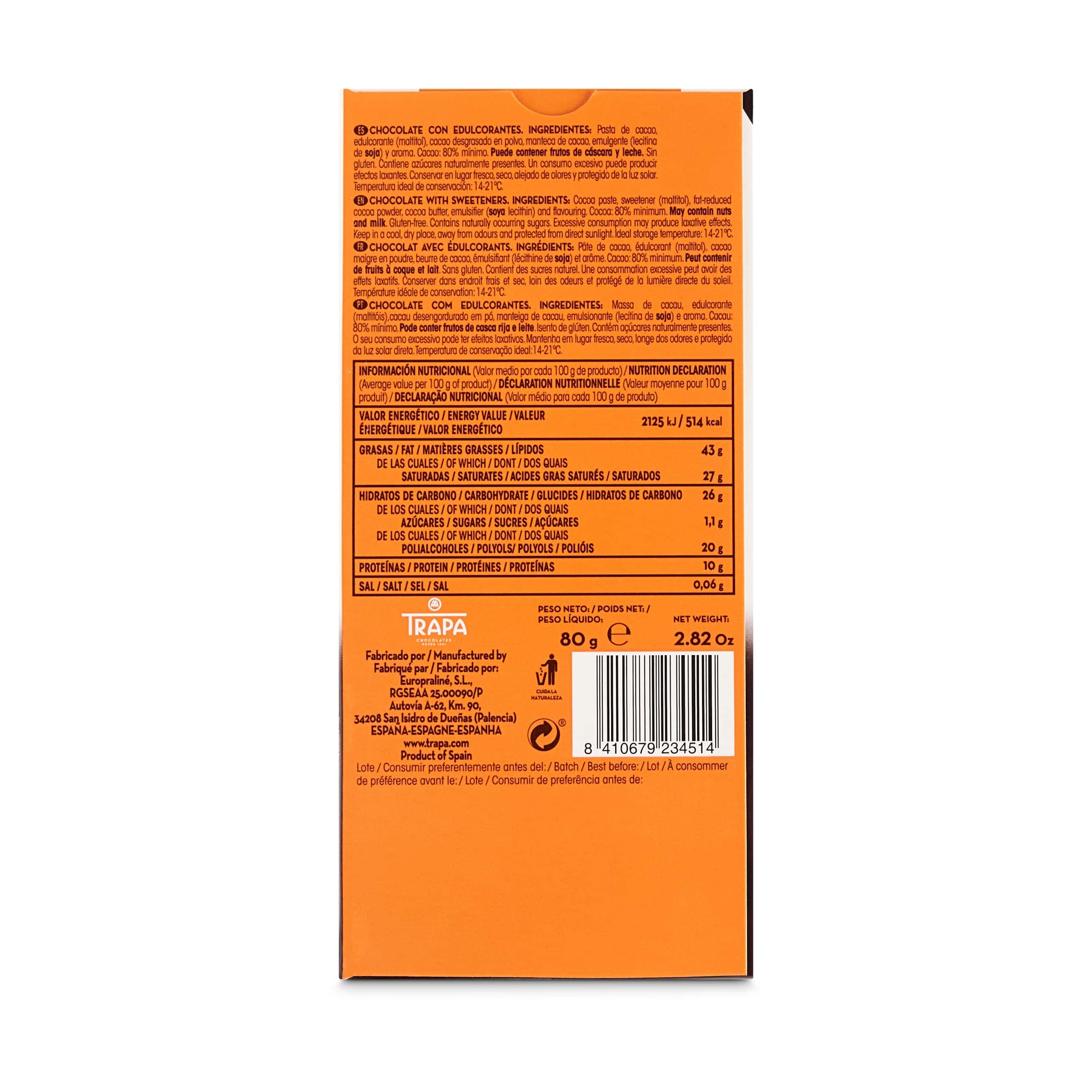 Chocolate negro 80% noir 0% azúcares Trapa 80 g