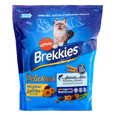 Alimento para gatos con salmón y atún rellenas de gamba Brekkies Delicious bolsa 900 g-0