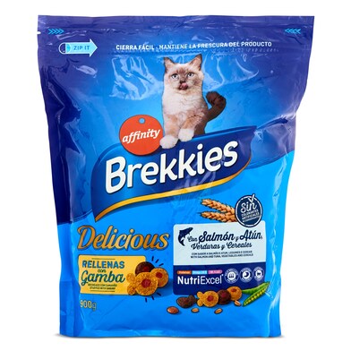 Alimento para gatos con salmón y atún rellenas de gamba Brekkies Delicious bolsa 900 g-0