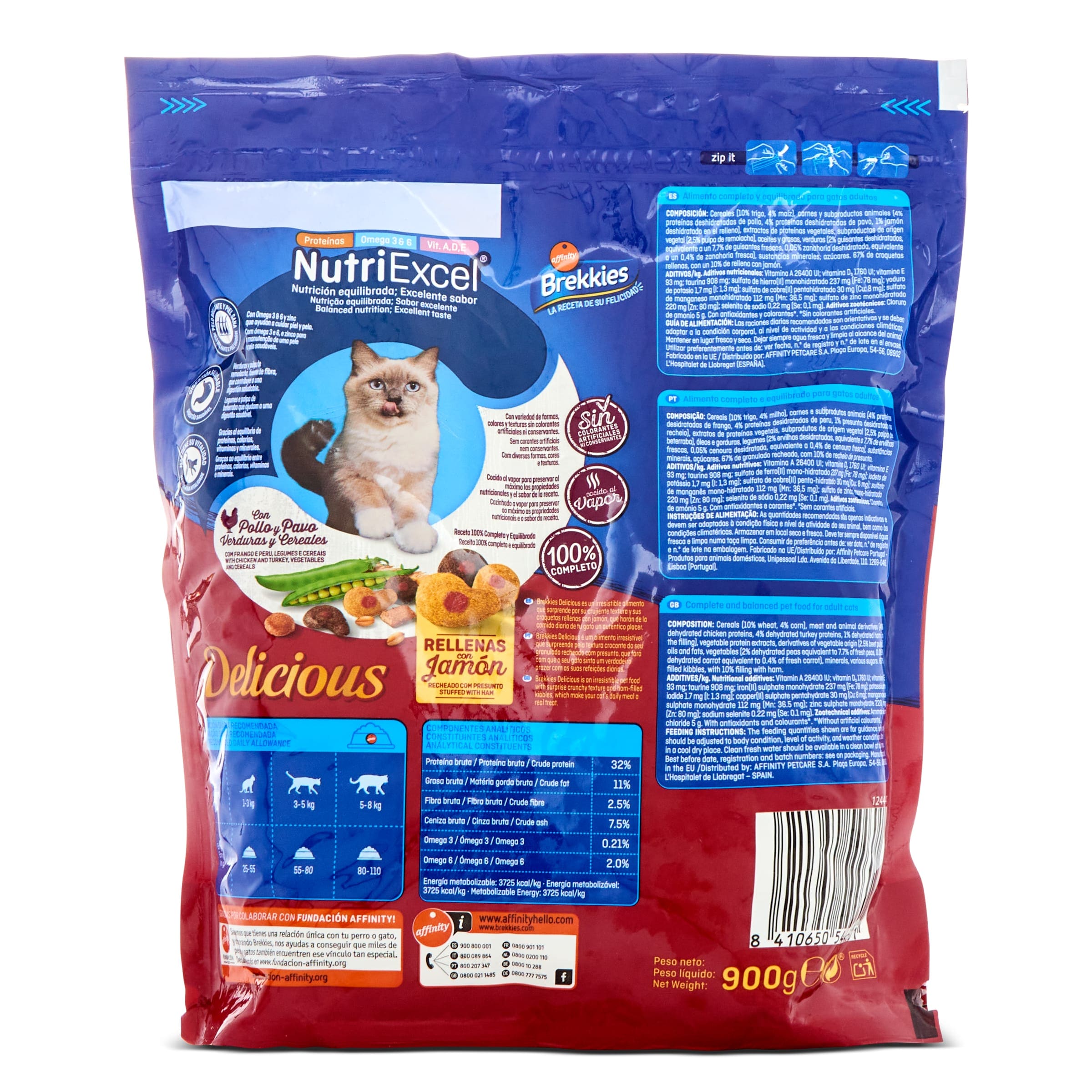 Alimento para gatos con pollo y pavo rellenas de jamón Brekkies Delicious 900 g