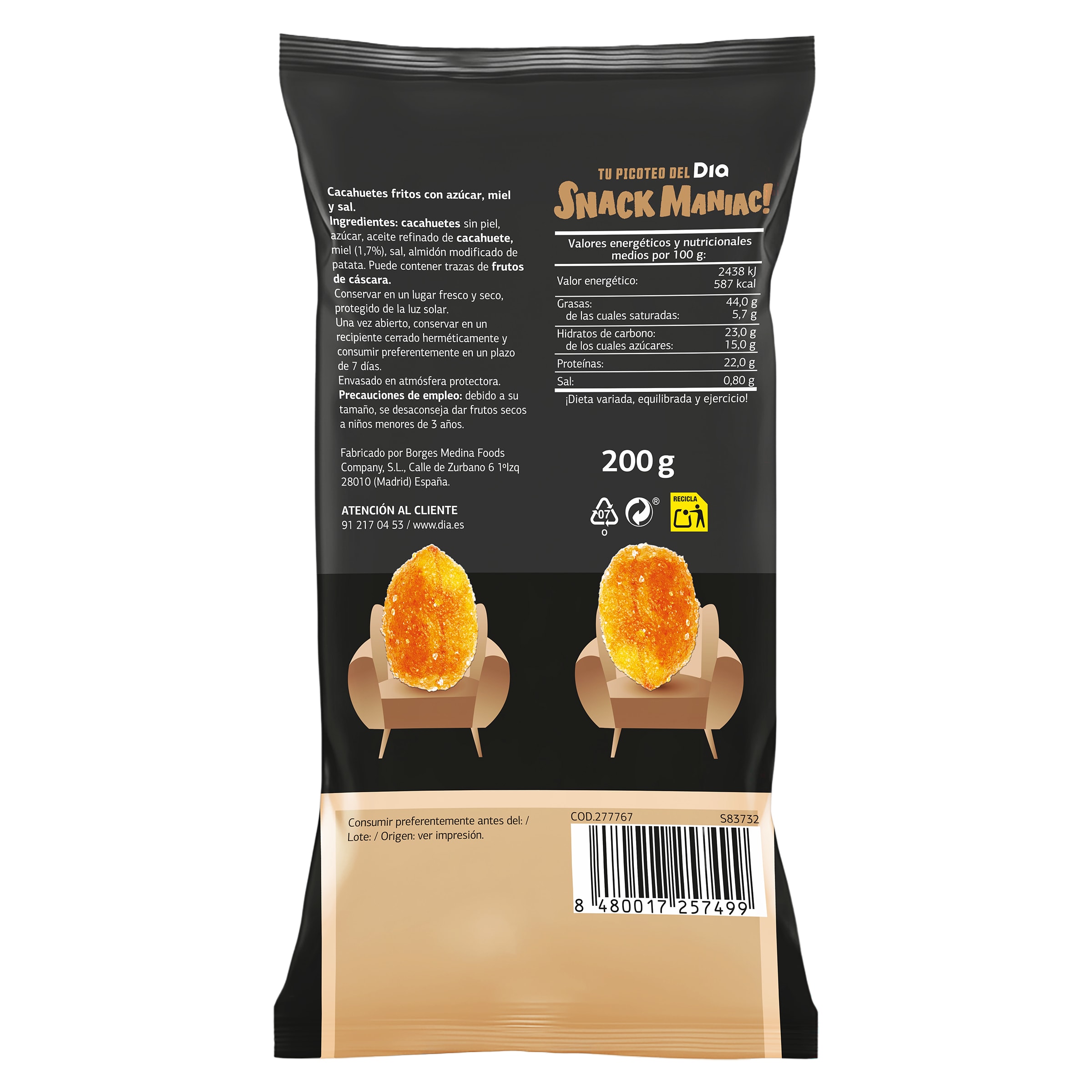 Cacahuetes fritos con miel Dia Snack Maniac 200 g
