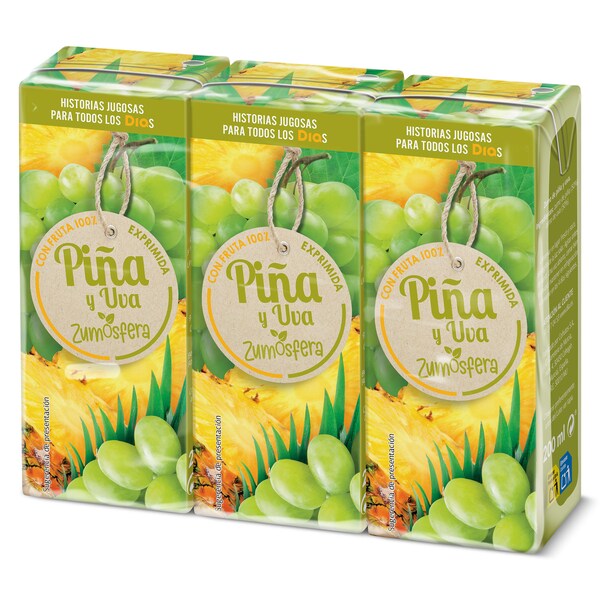 Zumo De Piña Y Uva 100% Zumosfera Brik 3 X 200 Ml.