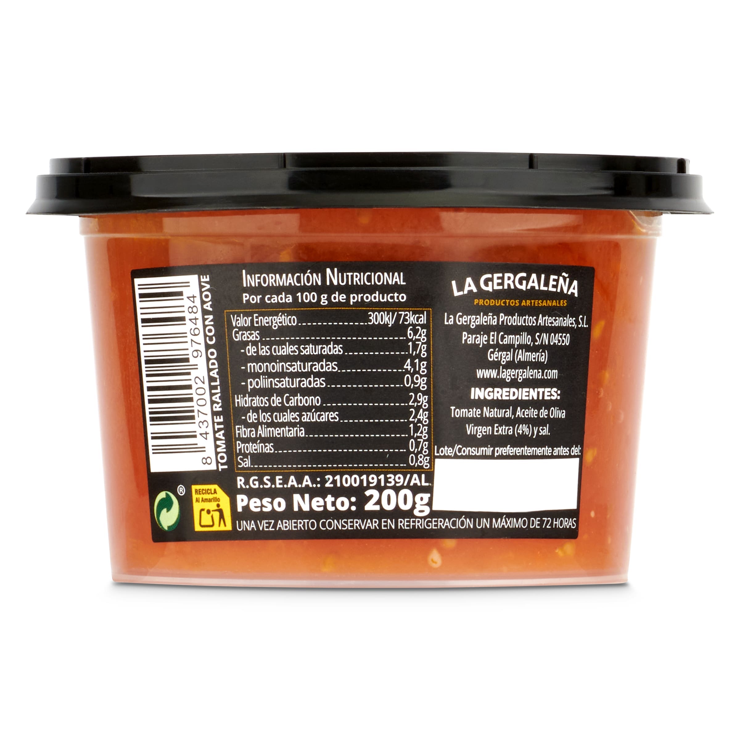 Tomate rallado natural con aceite de oliva La gergaleña 200 g