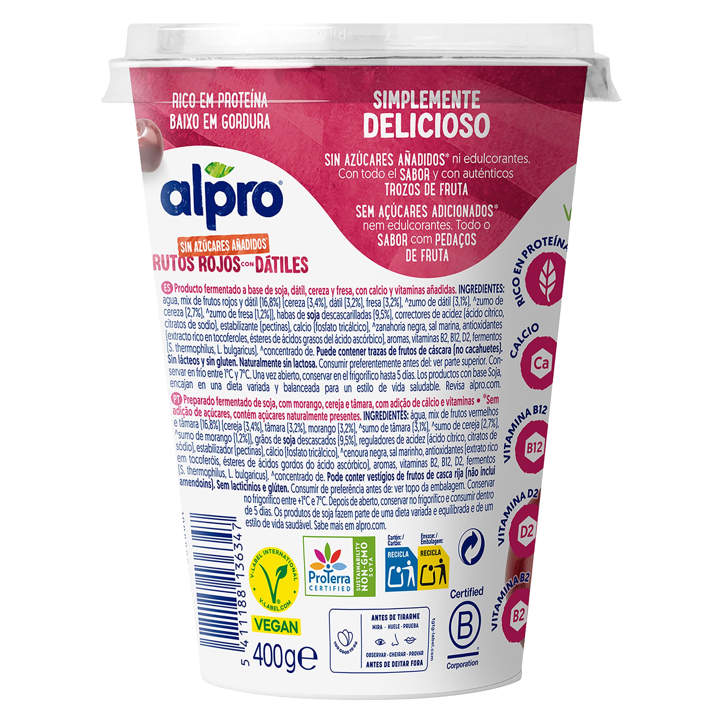 Postre de soja sabor frutos rojos sin azúcar Alpro 400 g