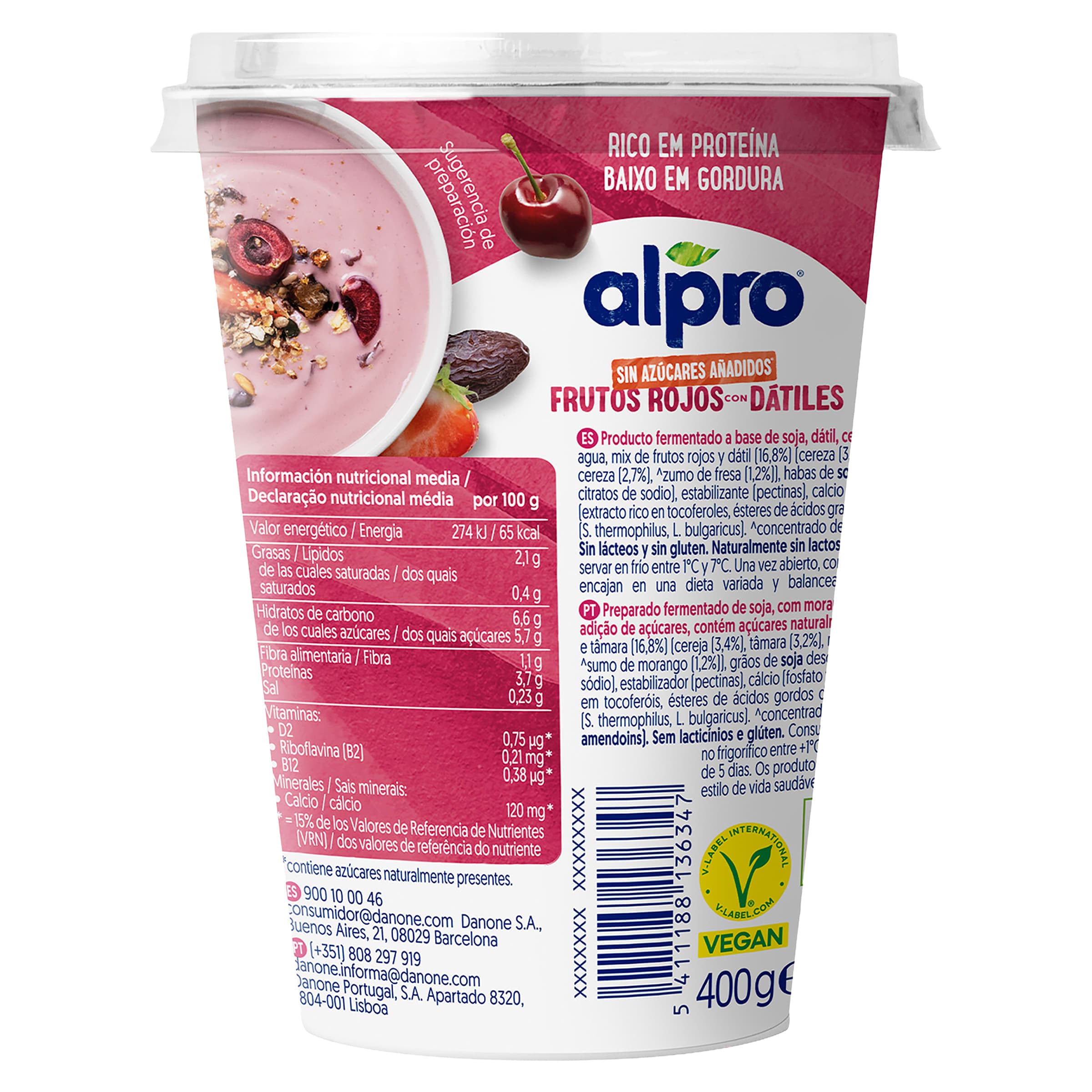 Postre de soja sabor frutos rojos sin azúcar Alpro 400 g