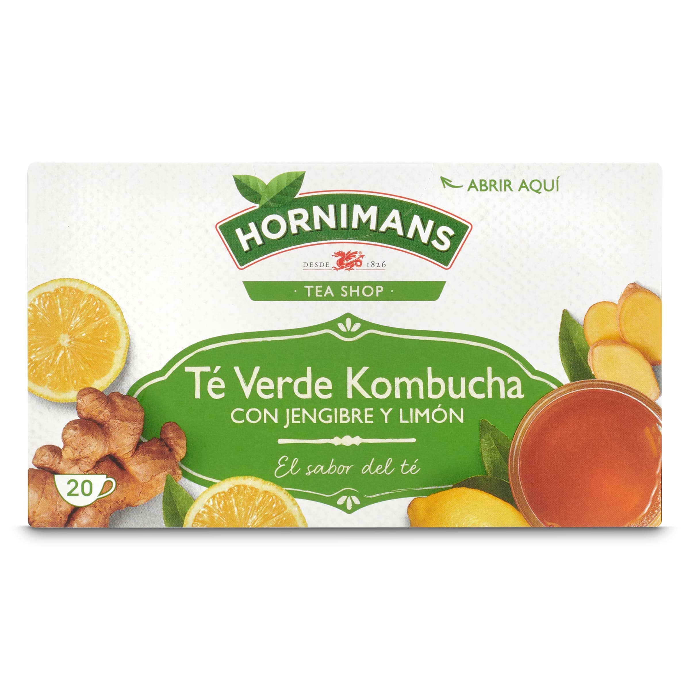 Té verde kombucha con jengibre y limón Hornimans 20 unidades