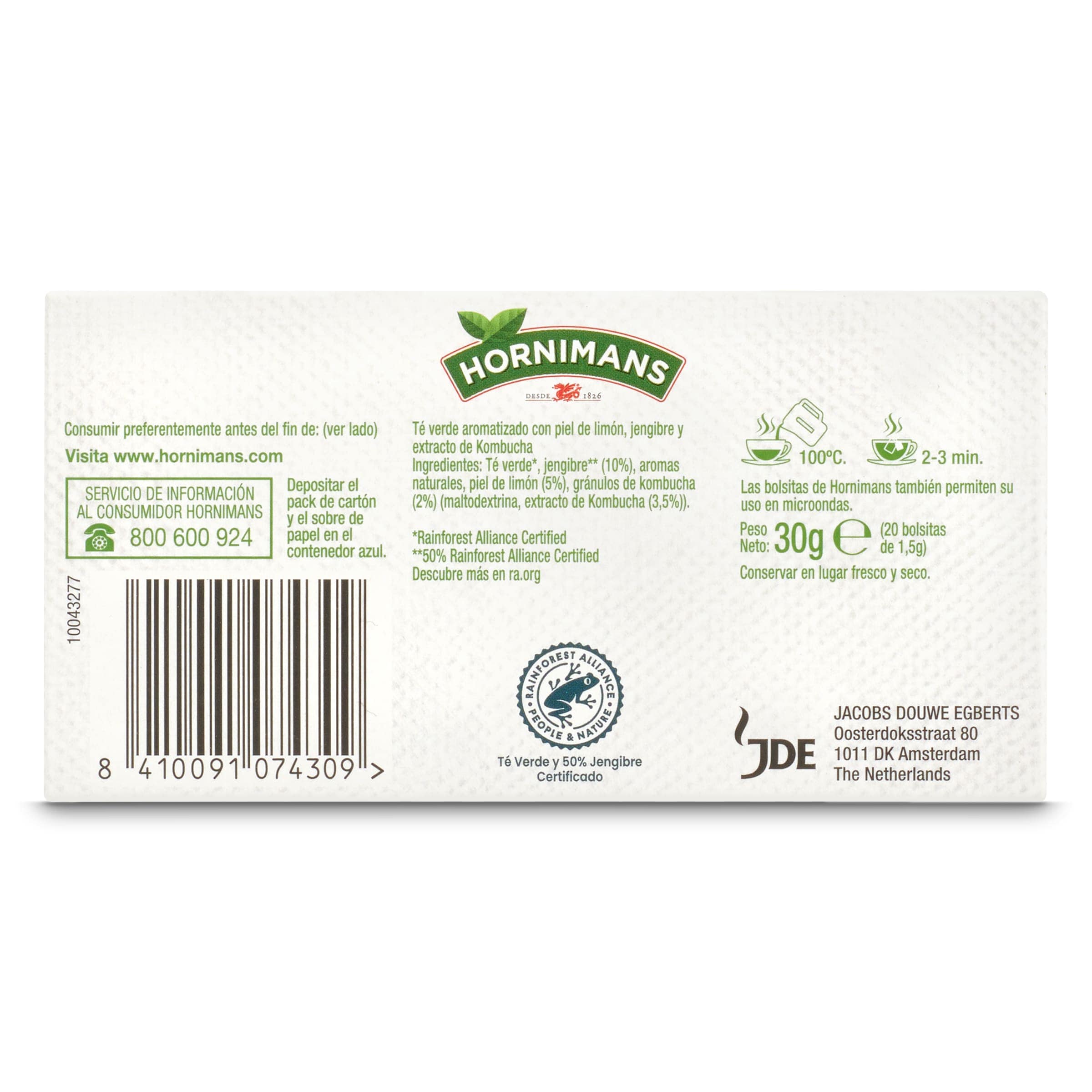 Té verde kombucha con jengibre y limón Hornimans 20 unidades