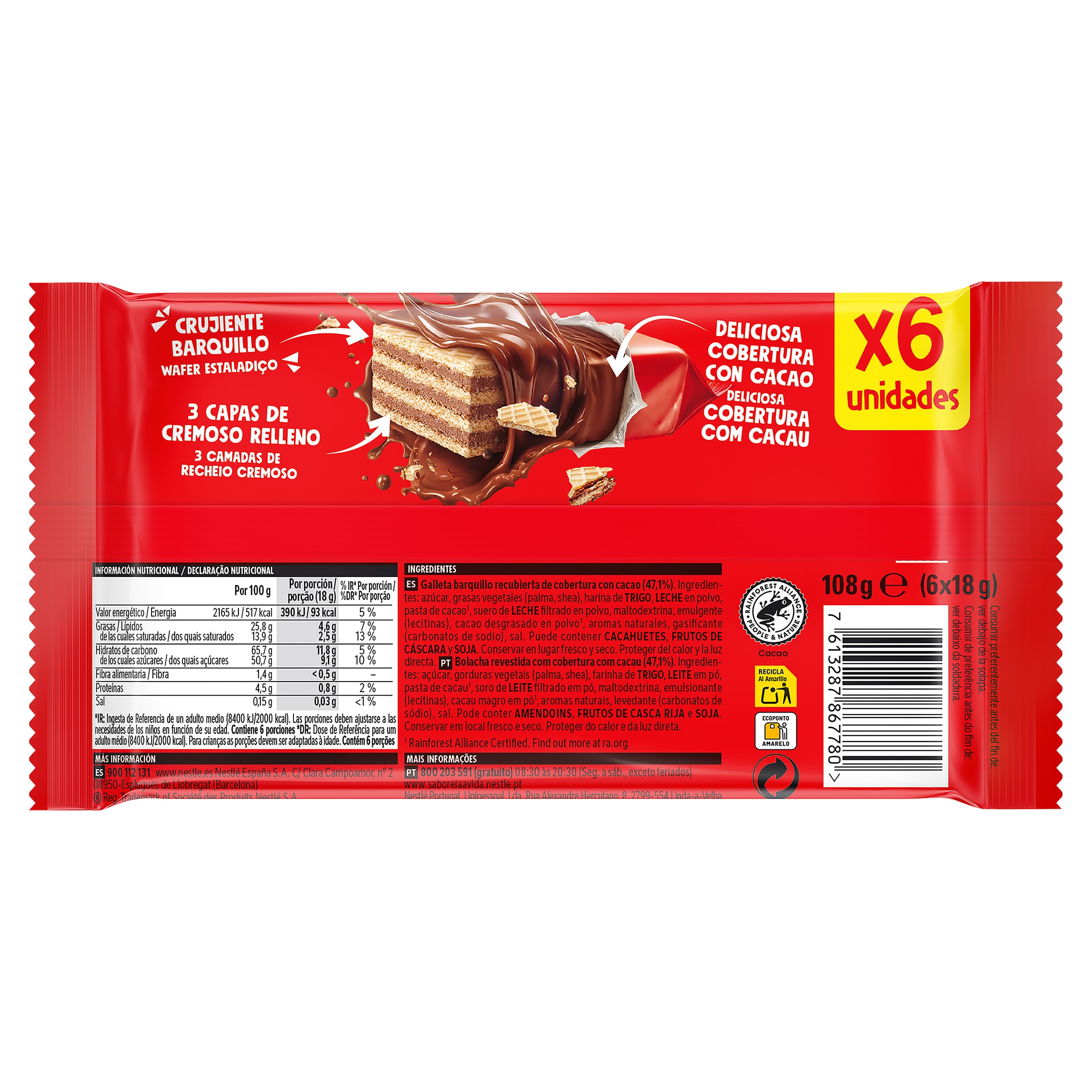 Barritas de galleta y chocolate con leche Nestlé Extrafino pack 108 g