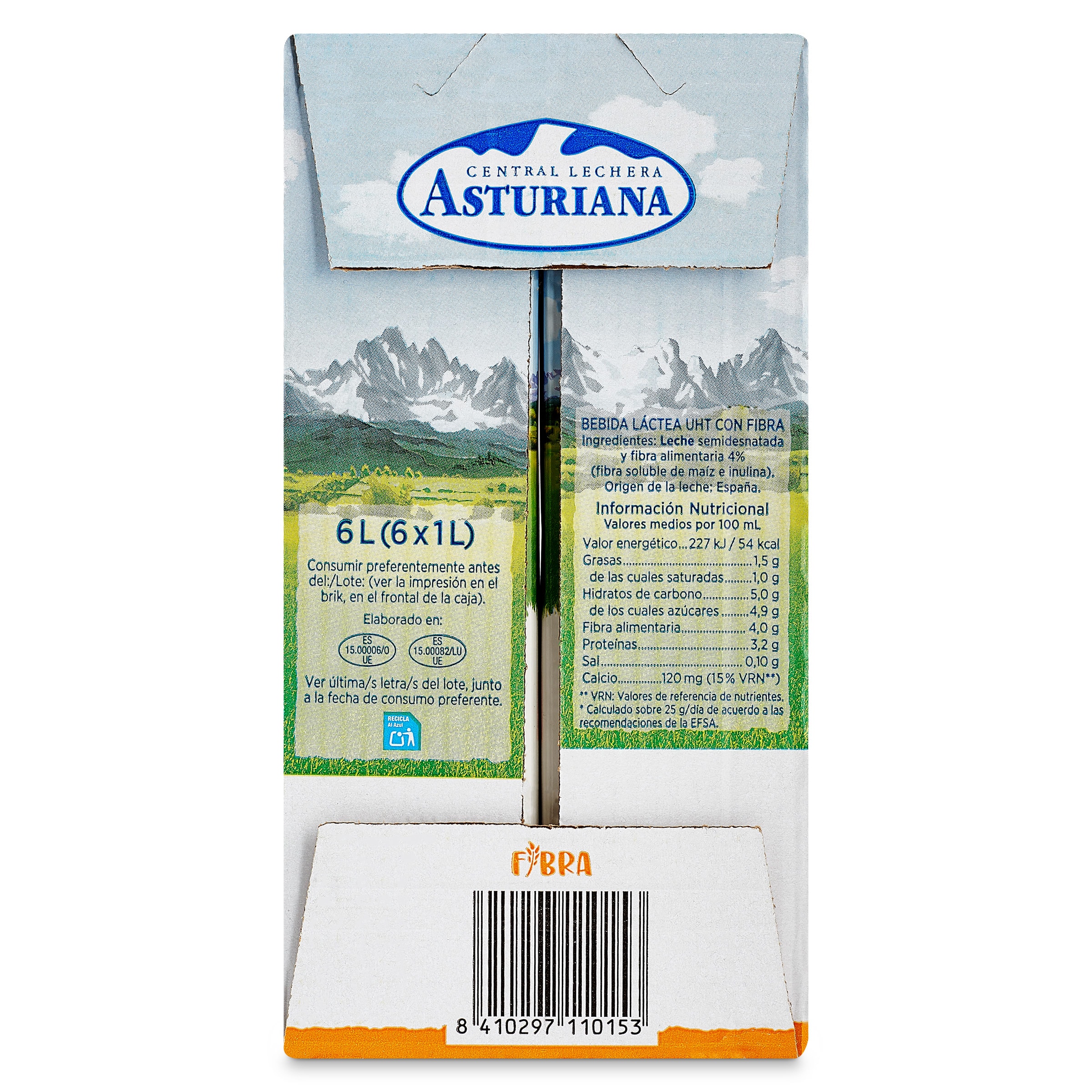 Leche semidesnatada fibra Asturiana pack 6 x 1 L