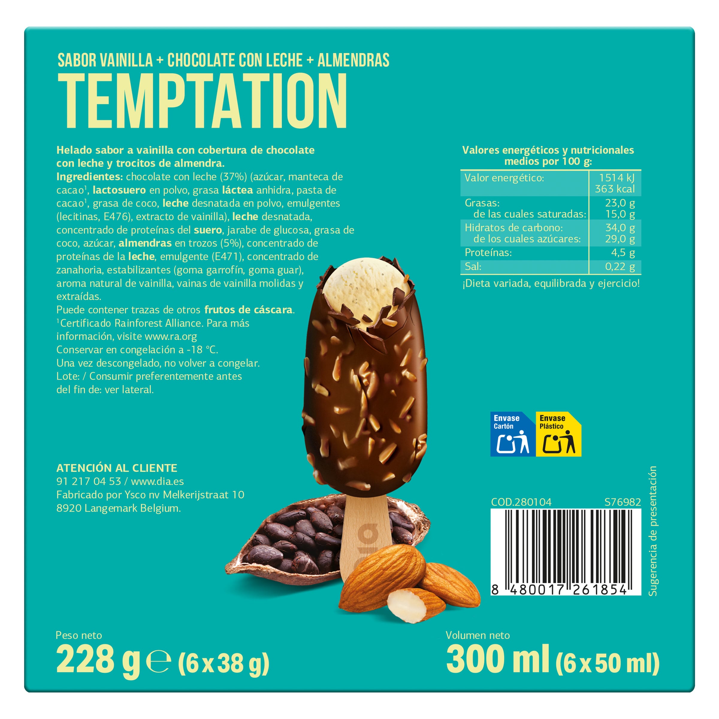 Helado mini bombón almendrado Dia Temptation 6 x 36 g