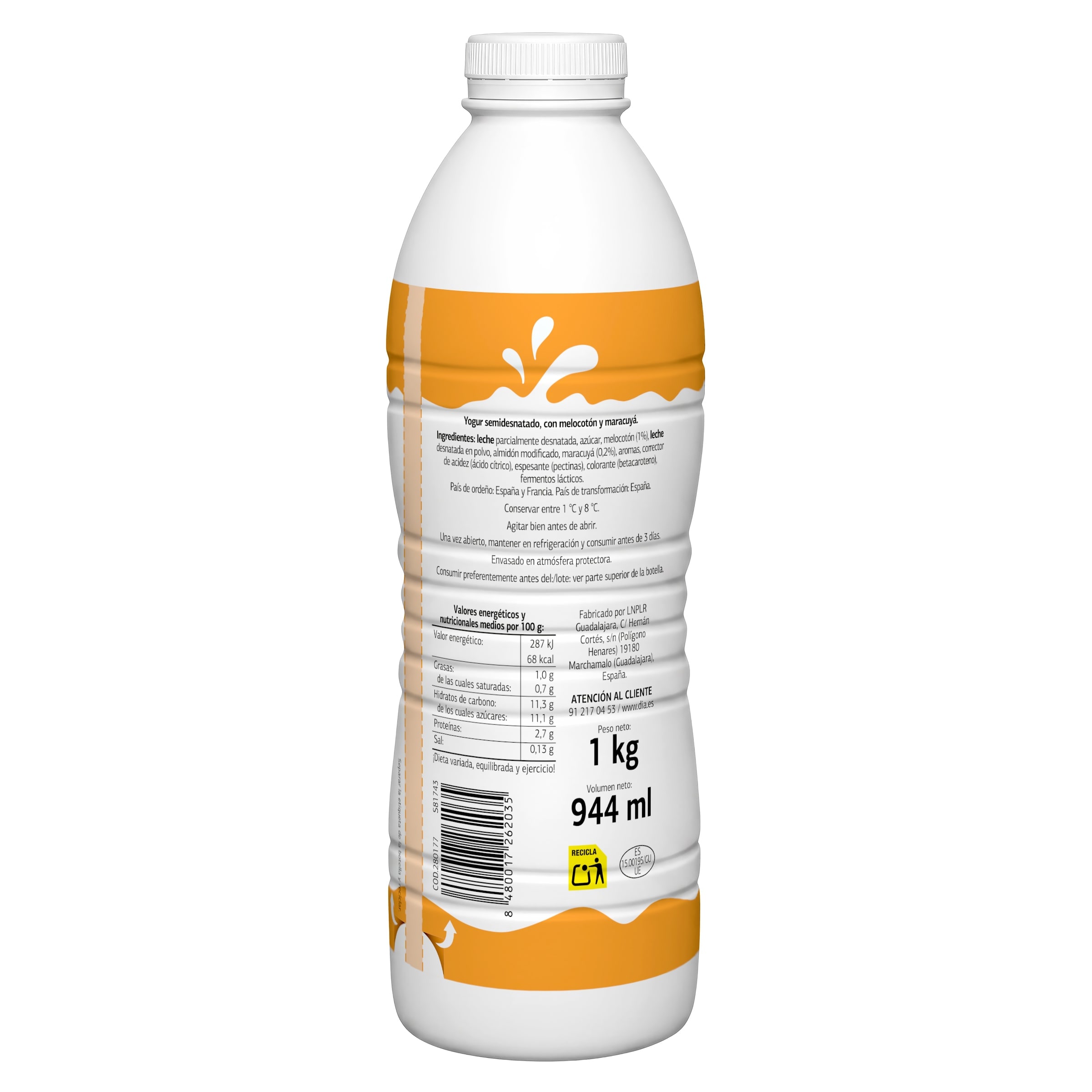 Yogur líquido sabor melocotón y fruto de la pasión Dia Láctea 1 Kg