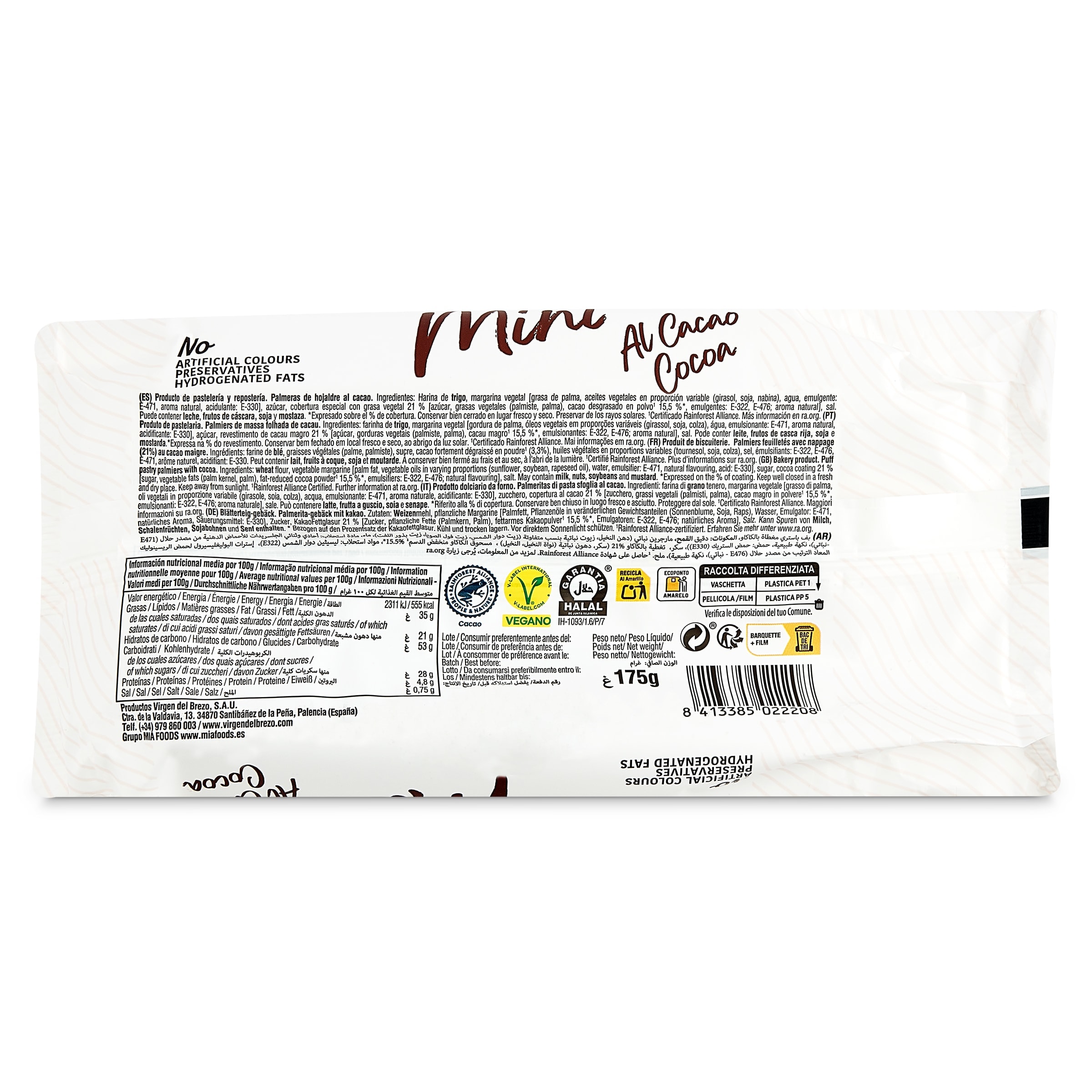 Mini palmeritas al cacao Virgen del Brezo 175 g