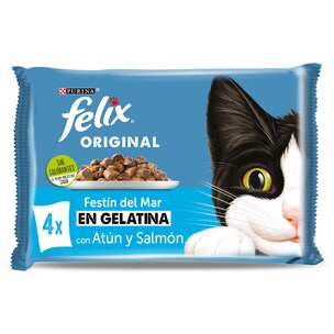 Alimento para gatos en gelatina atún y salmón Felix 4 x 85 g
