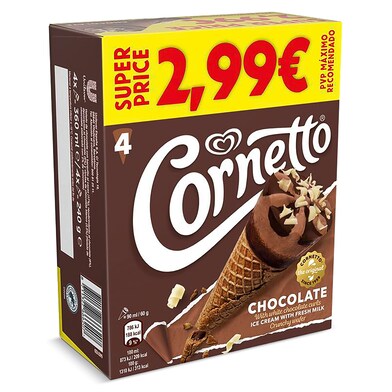 Helado cono de chocolate 4 unidades Cornetto caja 240 g-0 Helado cono de chocolate 4 unidades Cornetto caja 240 g-0