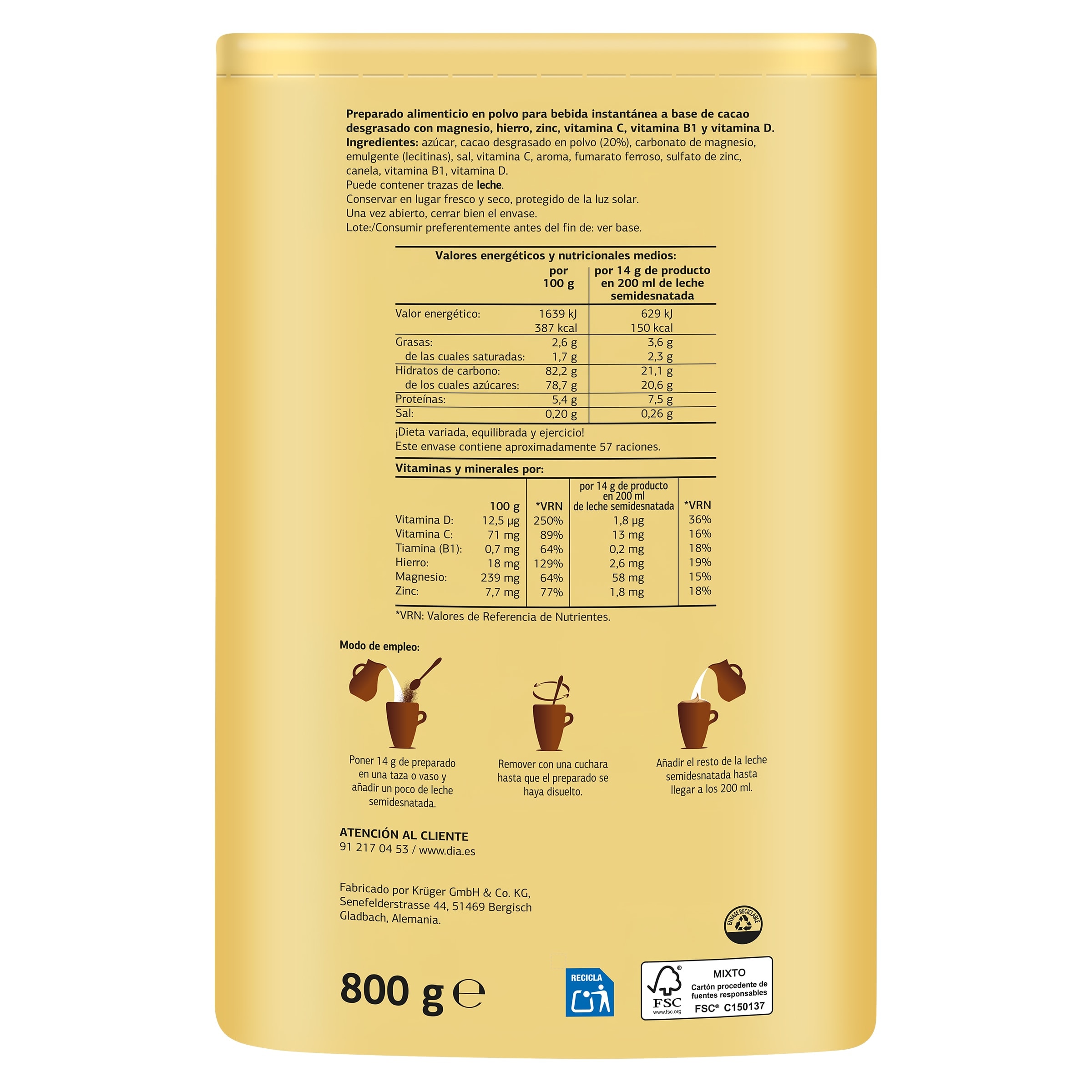 Cacao soluble instantáneo Dia Temptation 800 g