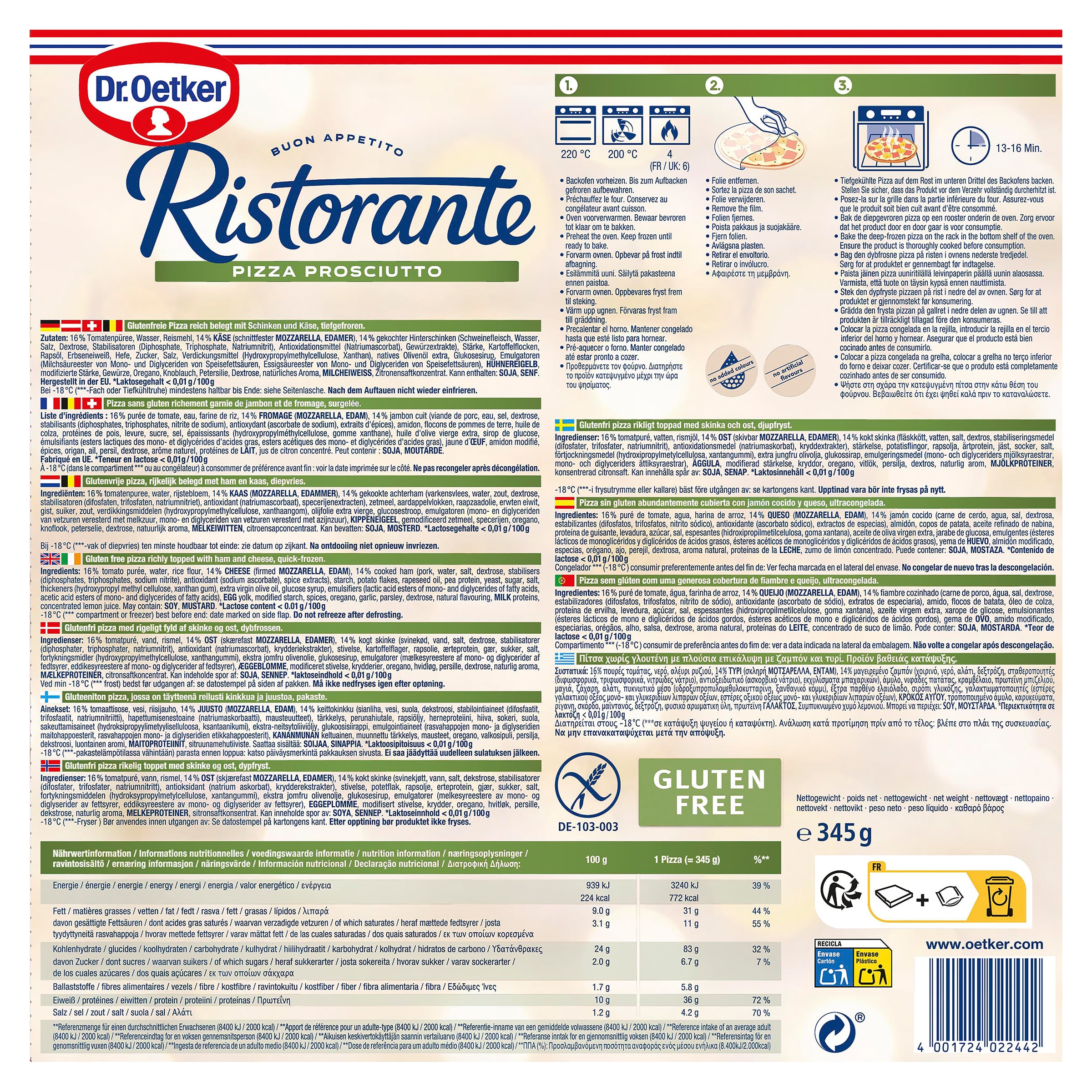 Pizza prosciutto sin gluten Dr. Oetker Ristorante 345 g