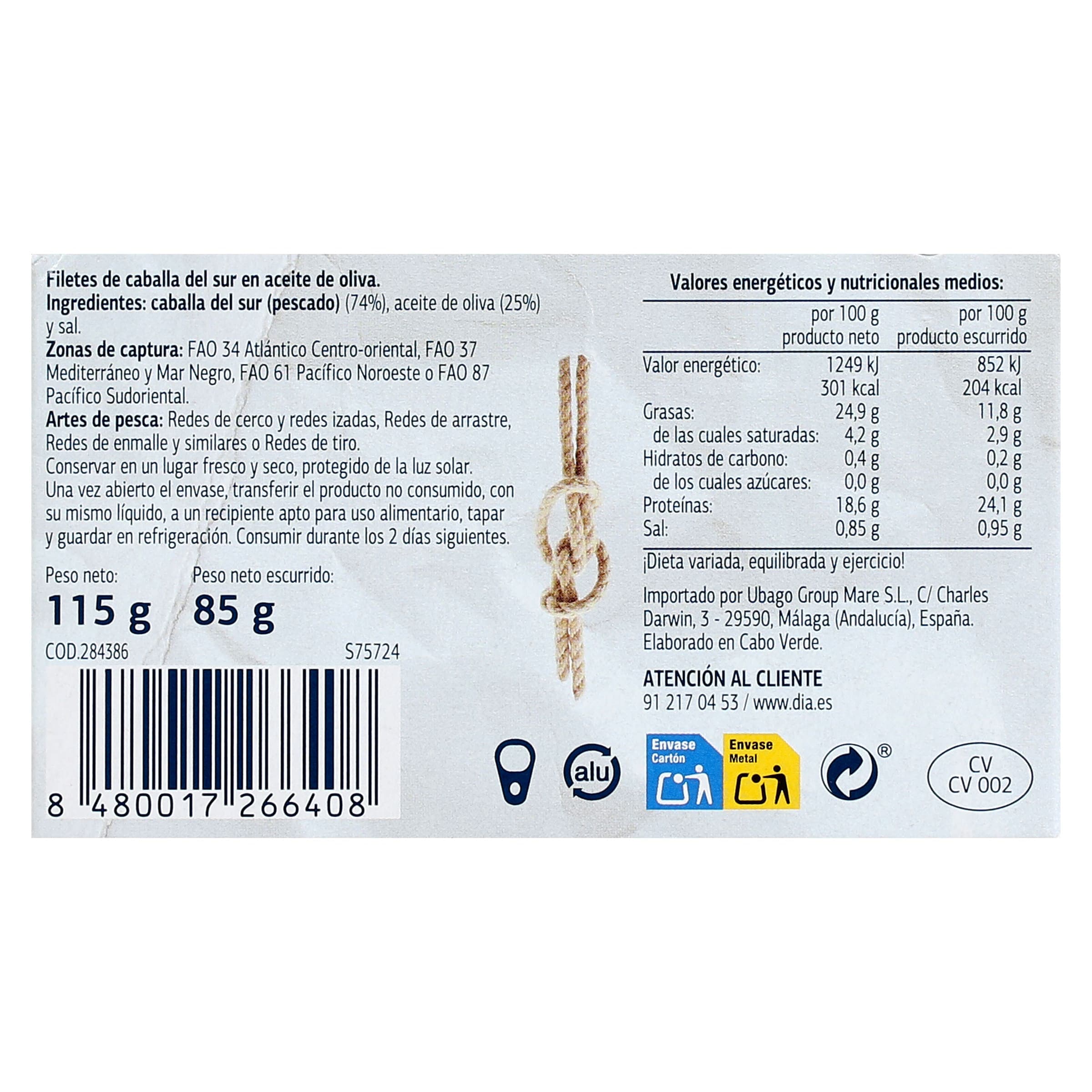 Filetes de caballa del sur en aceite de oliva Dia Mari Marinera 85 g