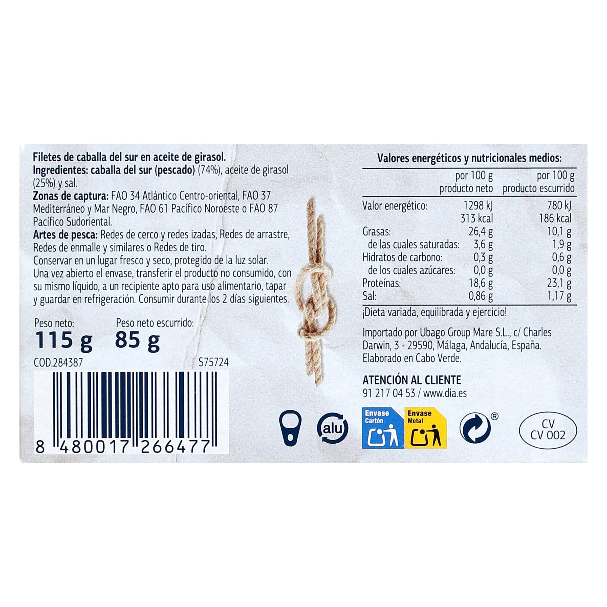 Filetes de caballa del sur en aceite de girasol Dia Mari Marinera 85 g