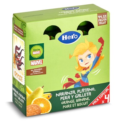 Puré de naranja, plátano, pera y galleta Hero bolsa 4 x 100 g-0 Puré de naranja, plátano, pera y galleta Hero bolsa 4 x 100 g-0