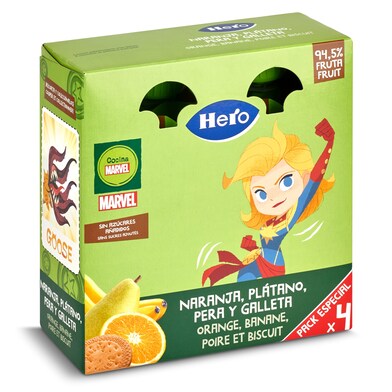 Puré de naranja, plátano, pera y galleta Hero bolsa 4 x 100 g-0