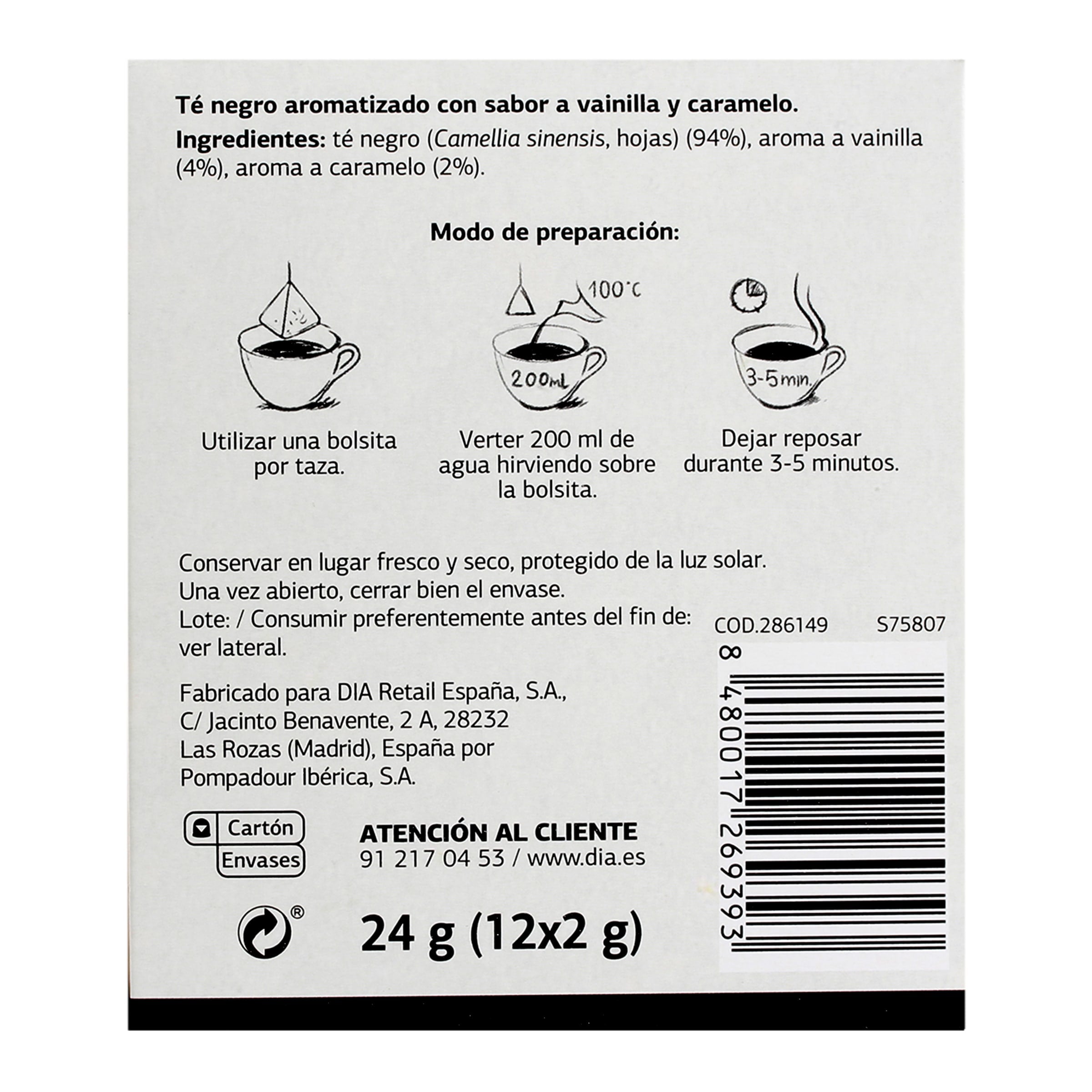 Té negro sabor vainilla y caramelo Dia Tetería 12 unidades