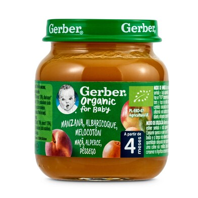 Puré de manzana, albaricoque y melocotón Gerber frasco 125 g-0 Puré de manzana, albaricoque y melocotón Gerber frasco 125 g-0