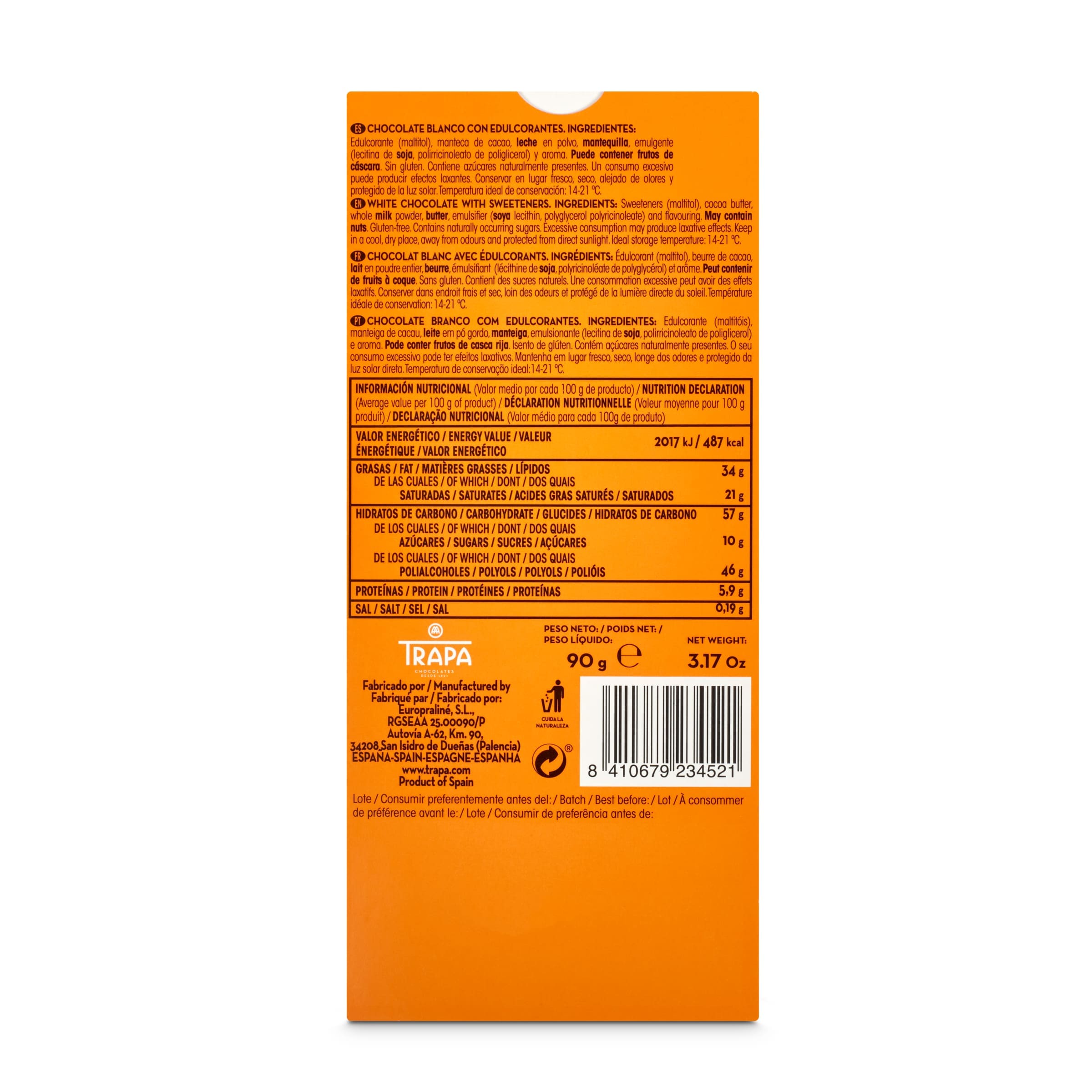Chocolate blanco sin azúcar añadido Trapa 90 g