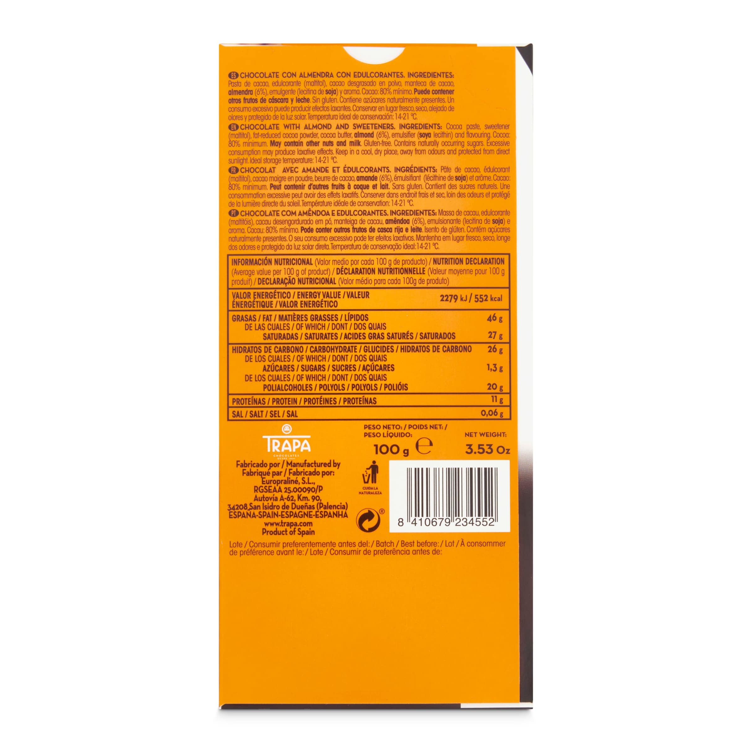 Chocolate negro con almendras Trapa 100 g