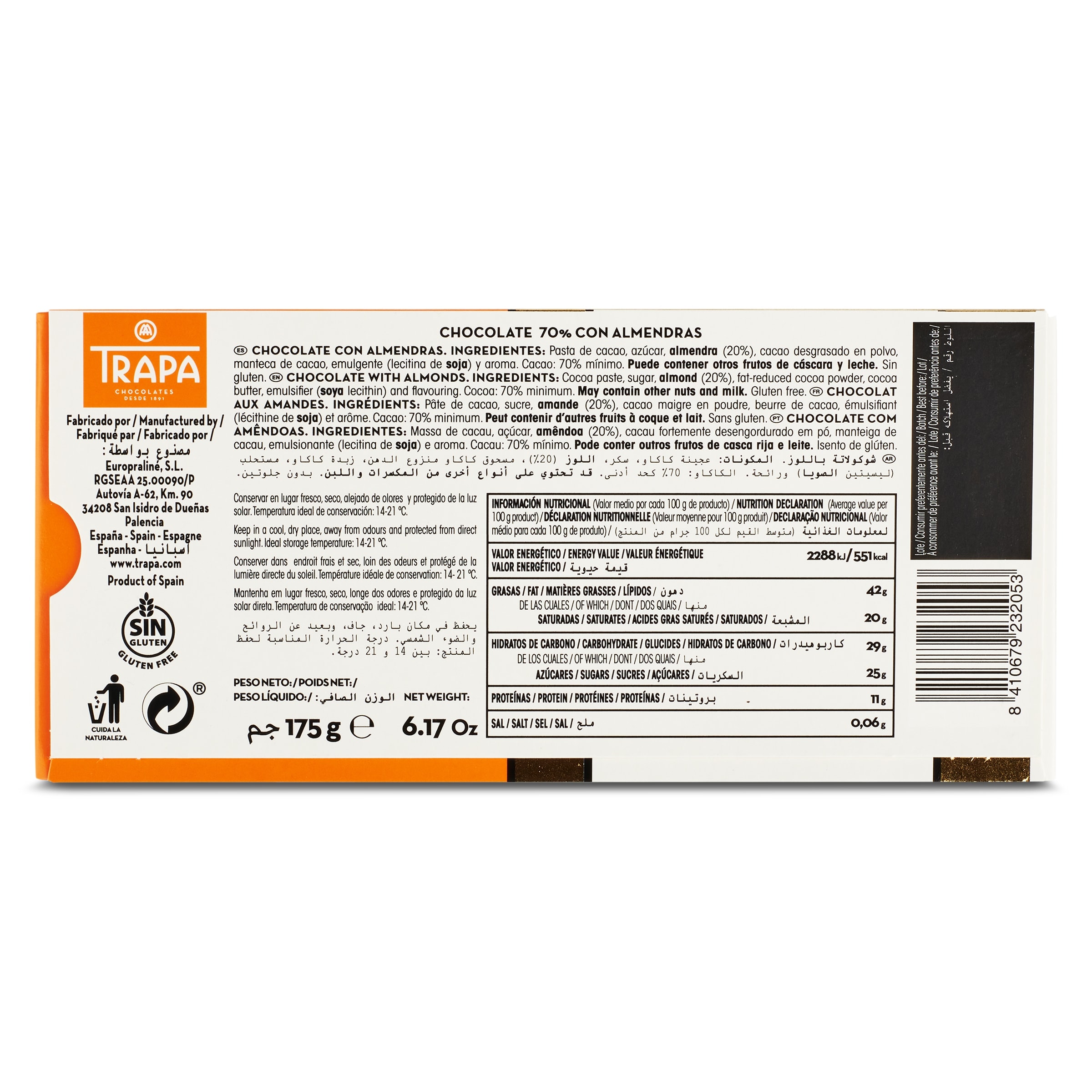 Chocolate negro 70% con almendras Trapa 175 g