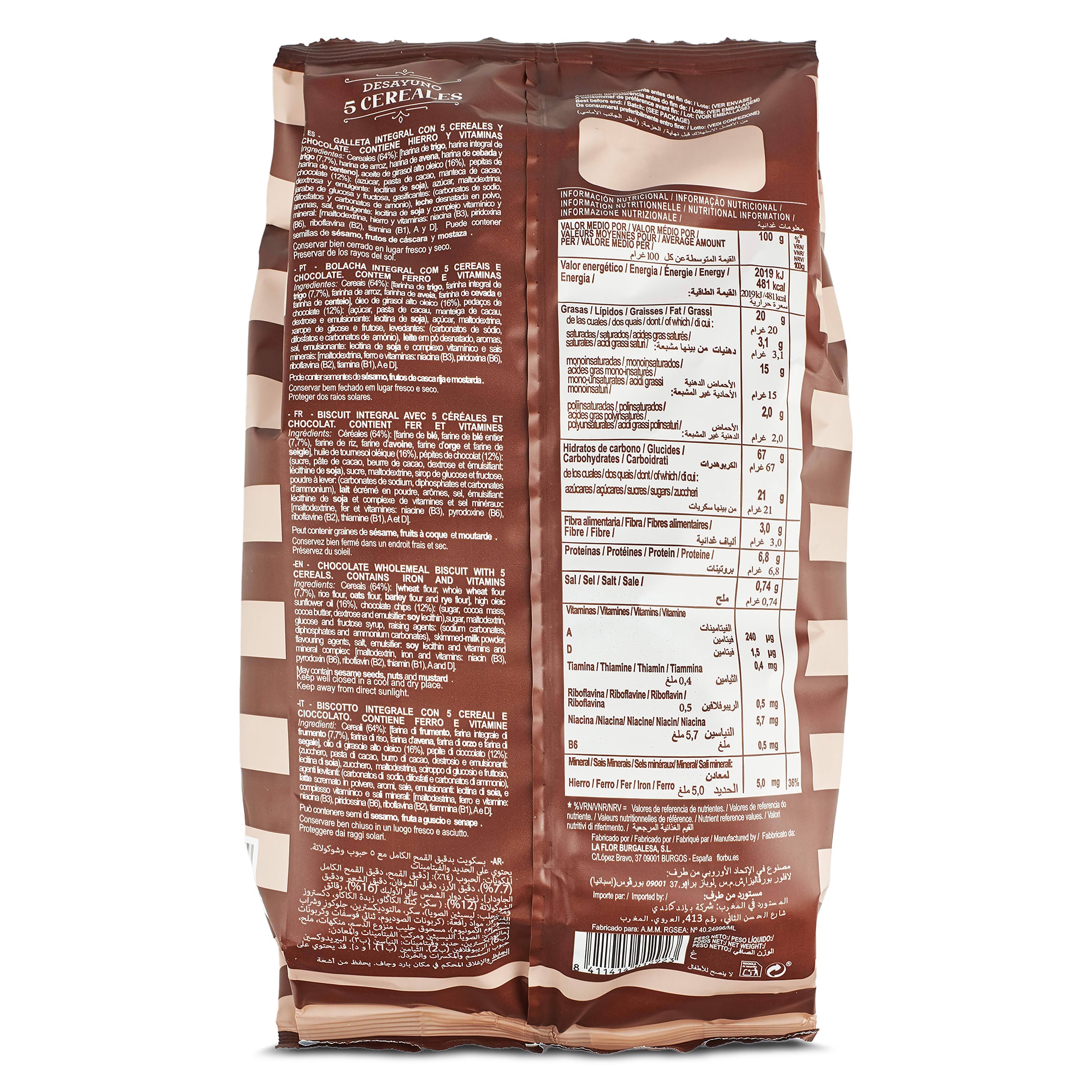 Galletas integrales con 5 cereales y chocolate Florbu 370 g