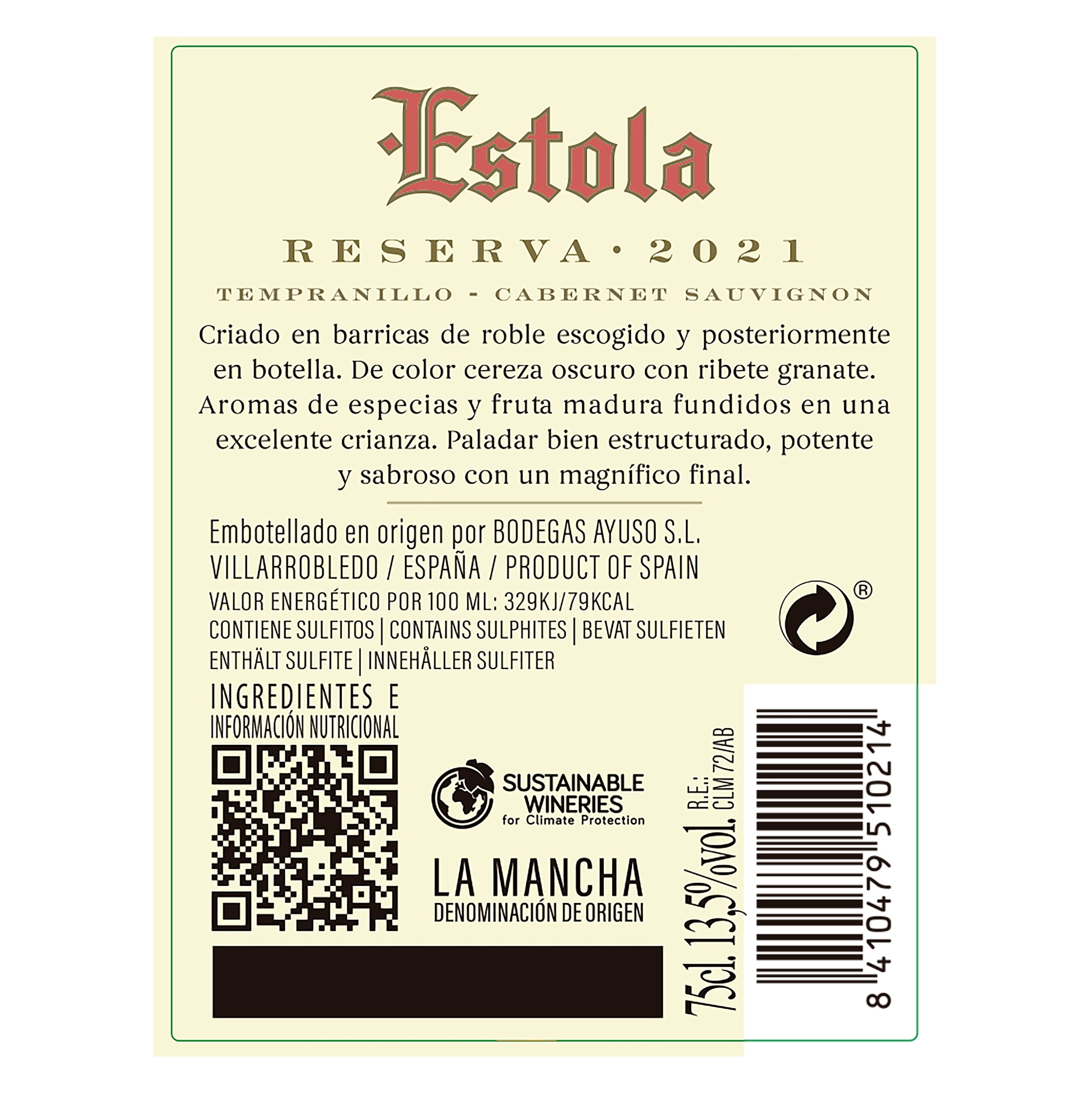 Vino tinto reserva D.O. La Mancha Estola 75 cl