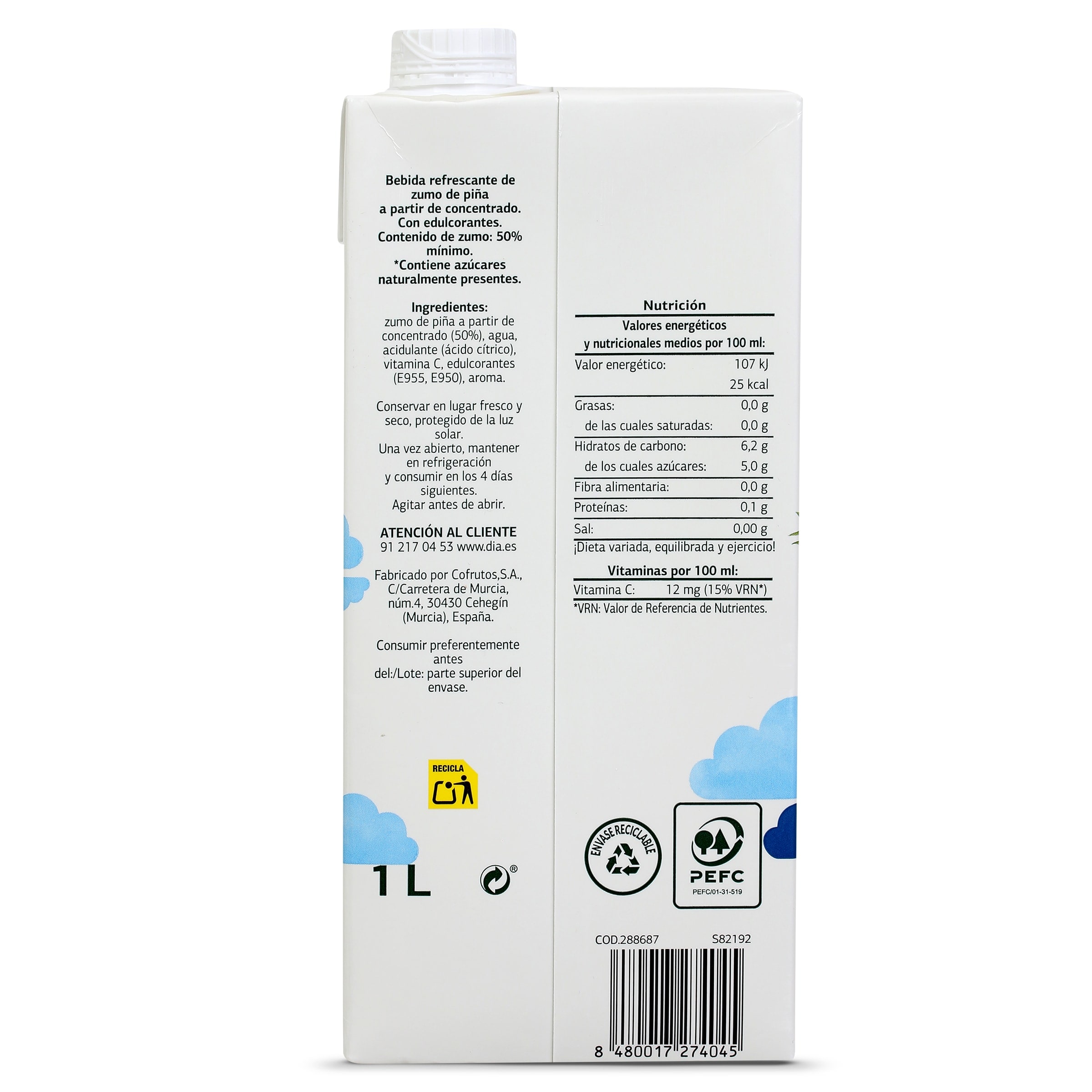 Bebida de zumo de piña sin azúcares añadidos Dia Saborfera 1 L