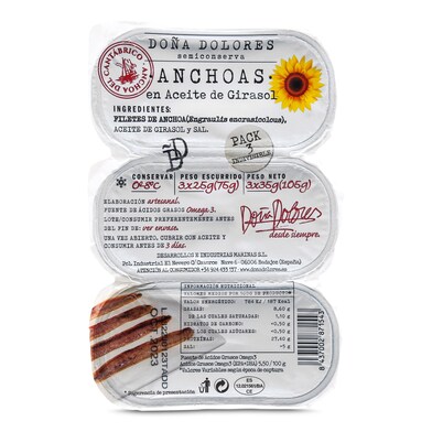 Anchoas del cantábrico en aceite de girasol DOÑA DOLORES pack 3 unidades BANDEJA 75 GR-0 Anchoas del cantábrico en aceite de girasol DOÑA DOLORES pack 3 unidades BANDEJA 75 GR-0